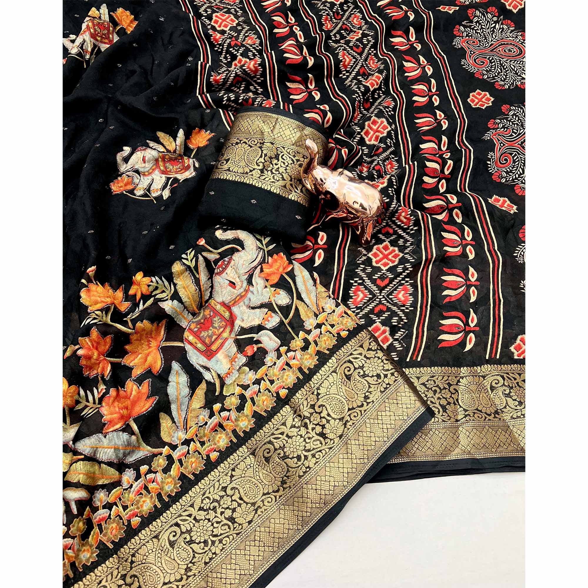 Elegant Black Elephant & Floral Printed Georgette Saree Accented With Gleaming Weaving Zari Border