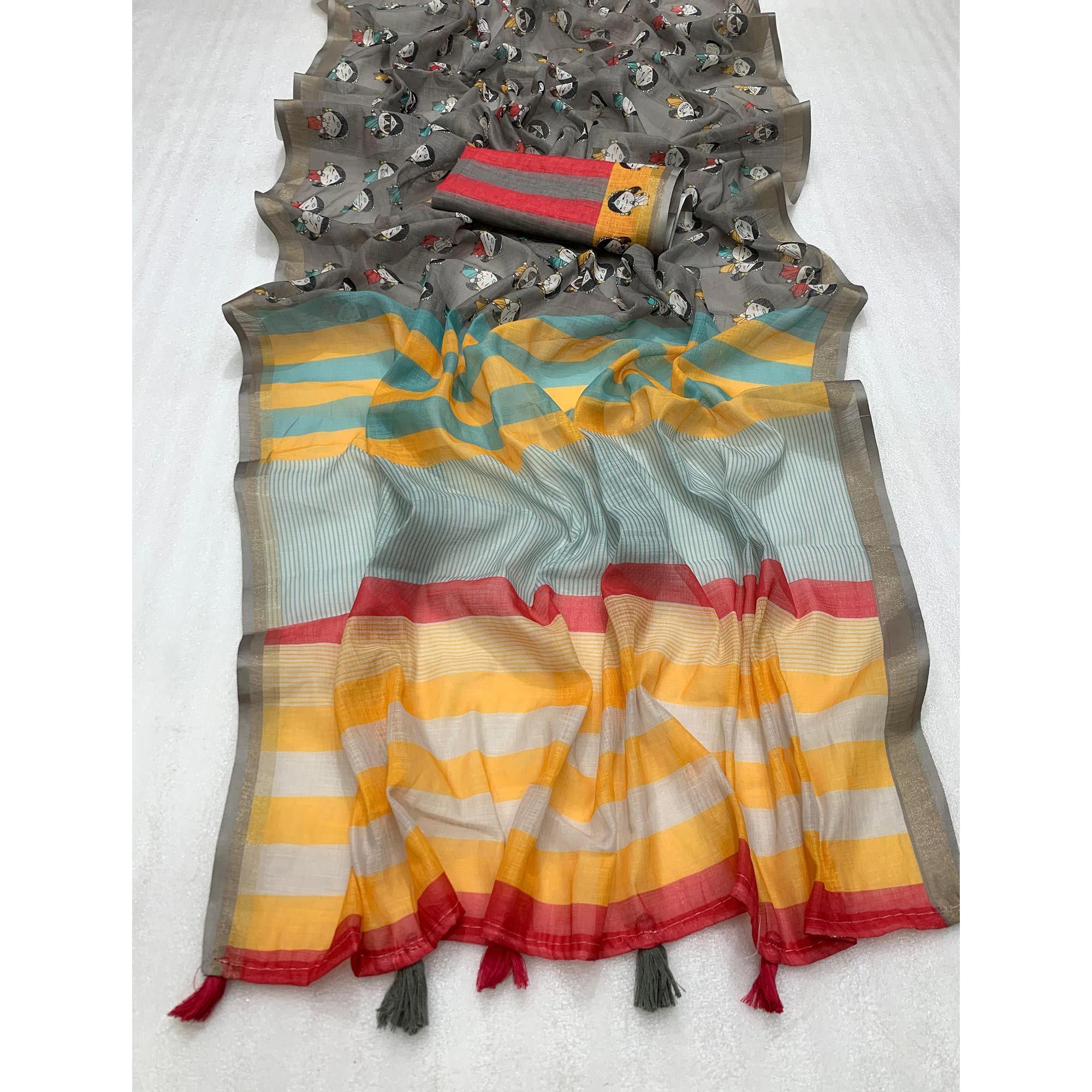 Grey Batik Printed Pure Linen Saree With Tassels