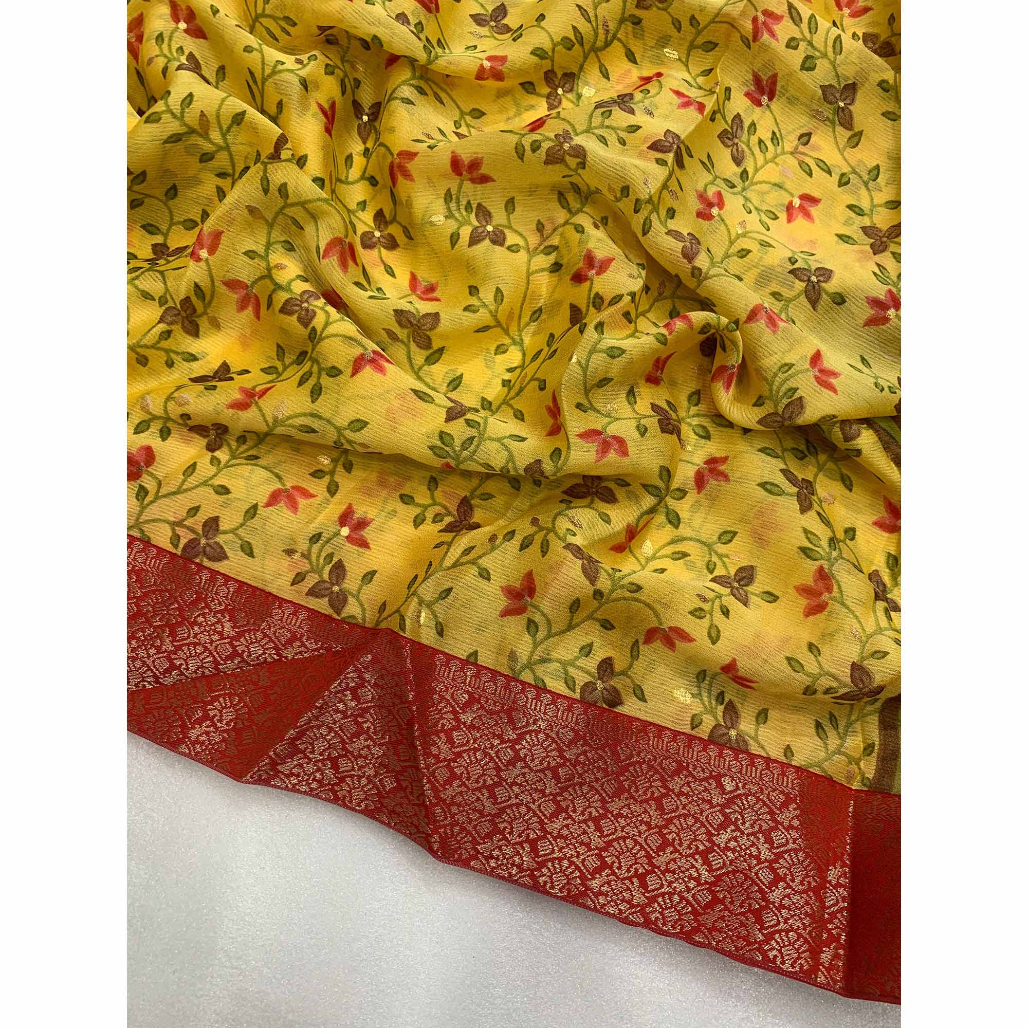 Yellow Floral Foil Printed Chiffon Saree