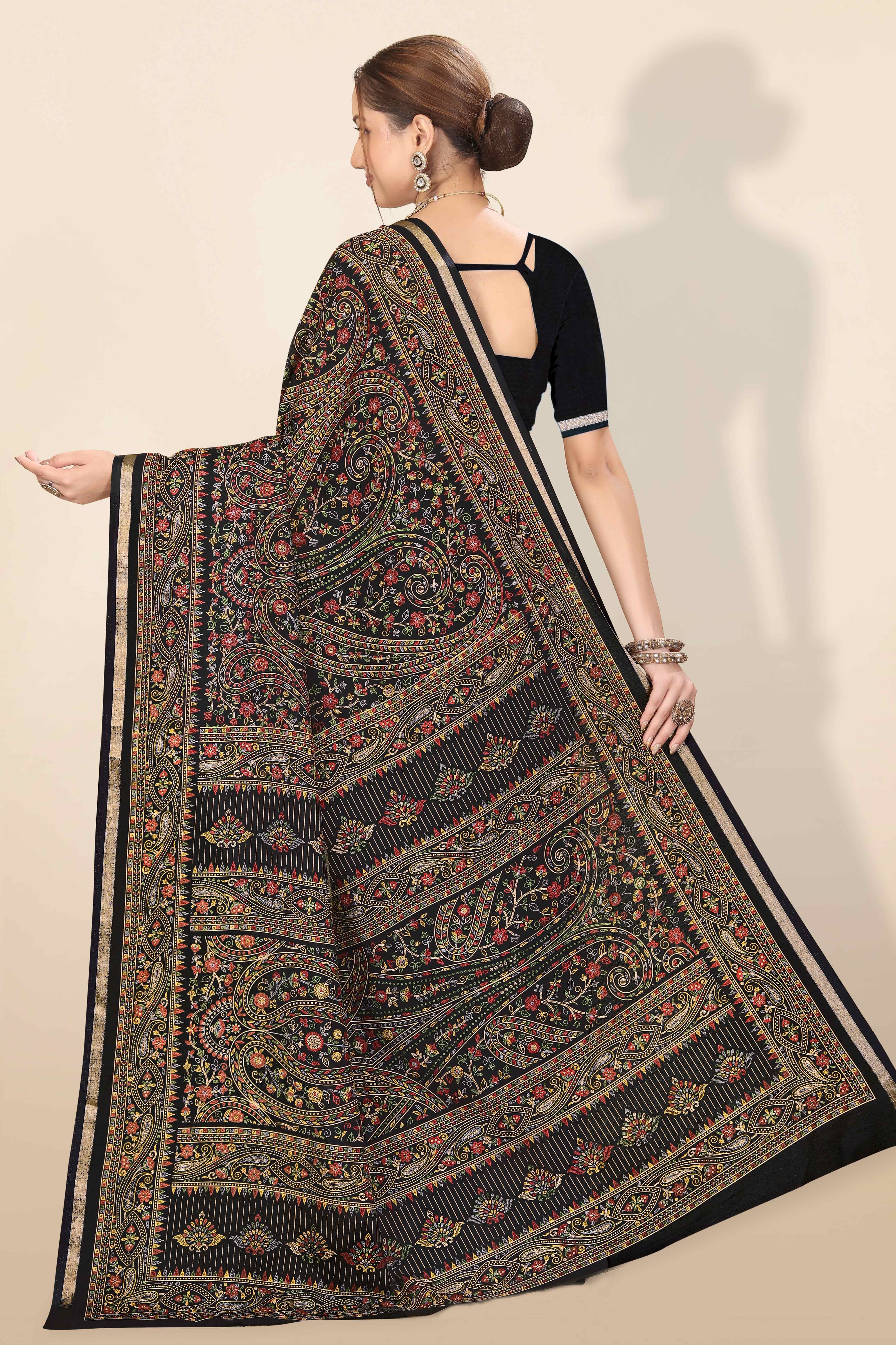 Black Floral Printed Dola Kashmiri Dola Silk Saree Highlighted With Rich Golden Zari Border