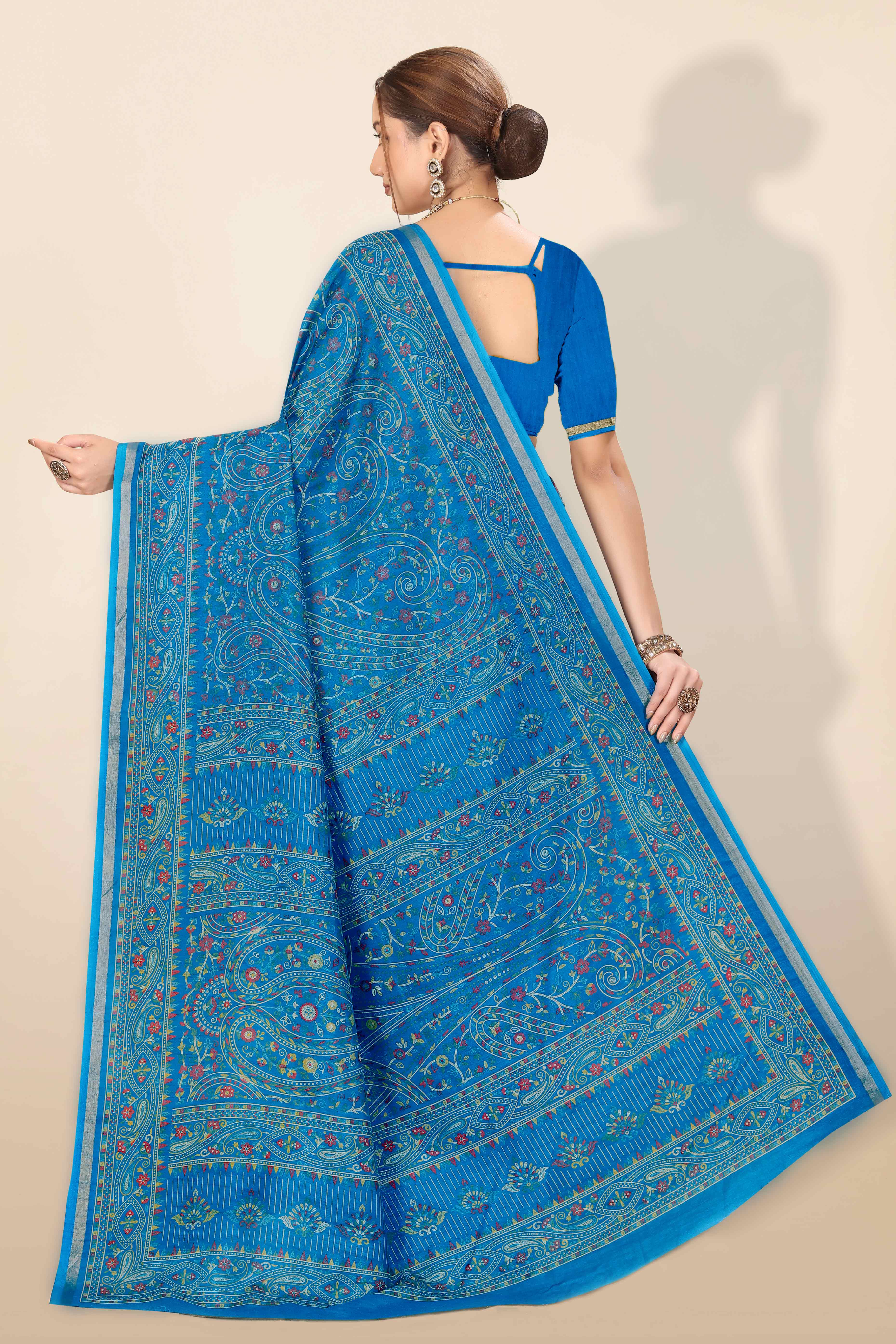 Blue Floral Printed Dola Kashmiri Dola Silk Saree Highlighted With Rich Golden Zari Border