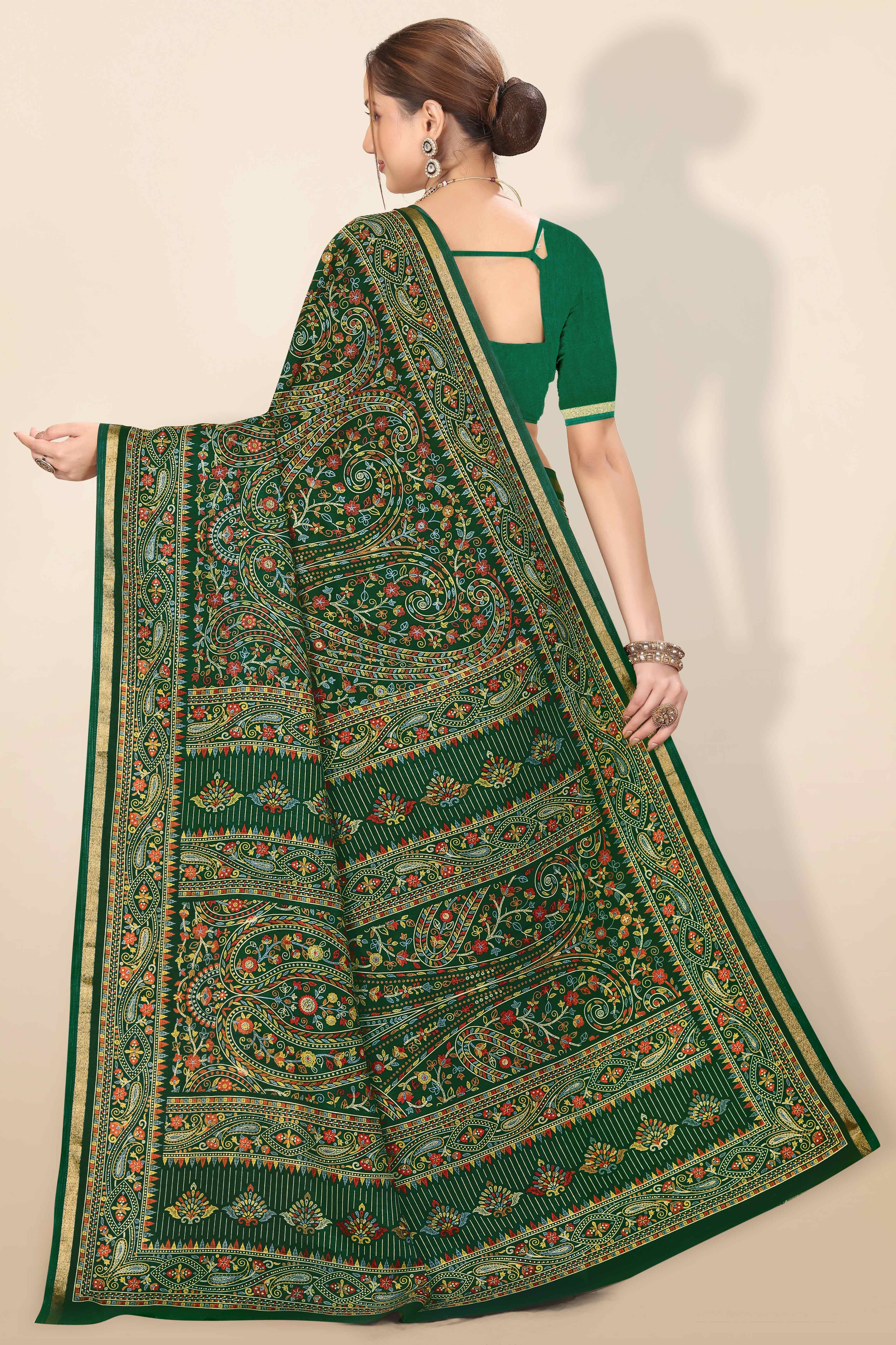 Green Floral Printed Dola Kashmiri Dola Silk Saree Highlighted With Rich Golden Zari Border