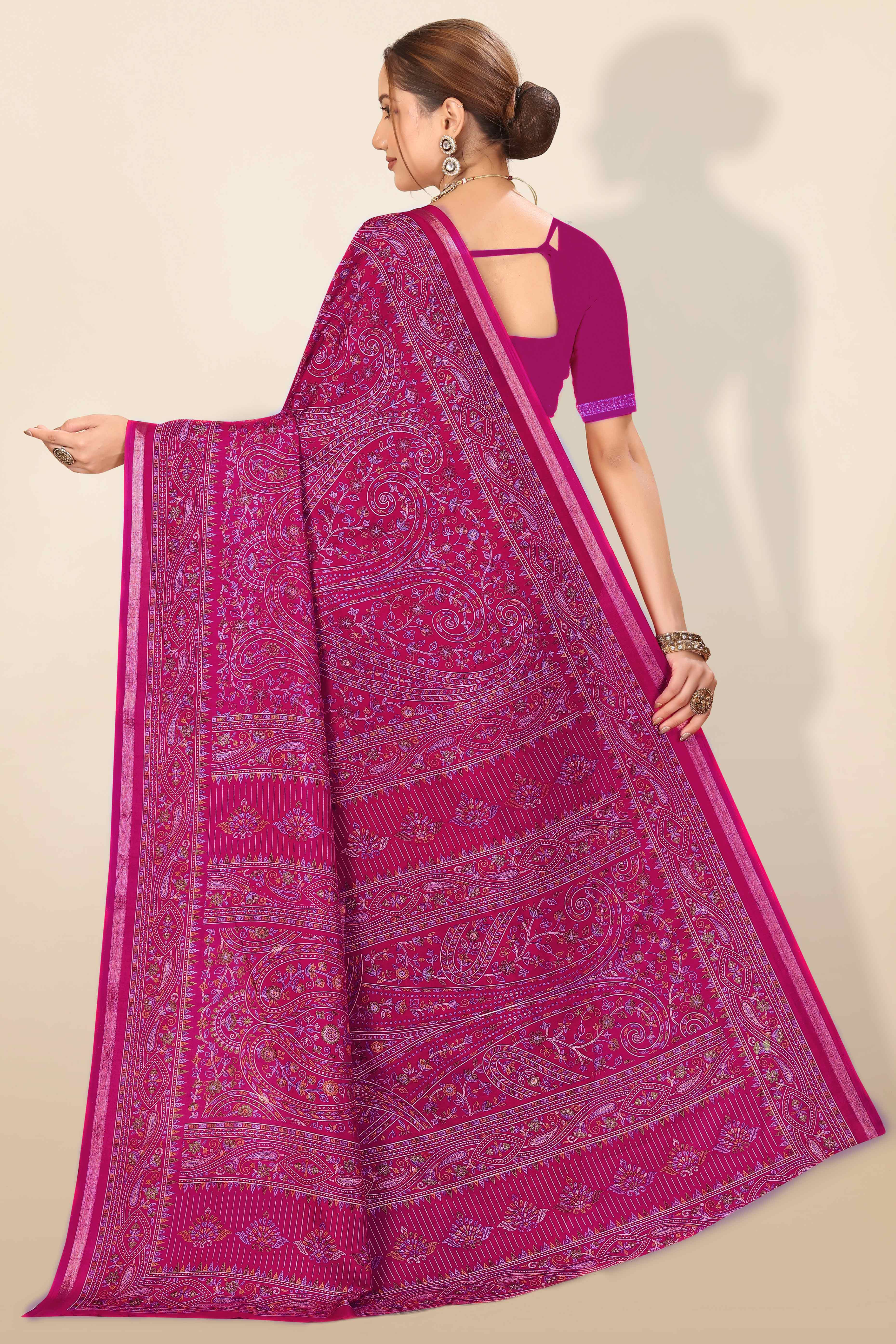 Dark Magenta Floral Printed Dola Kashmiri Dola Silk Saree Highlighted With Rich Golden Zari Border
