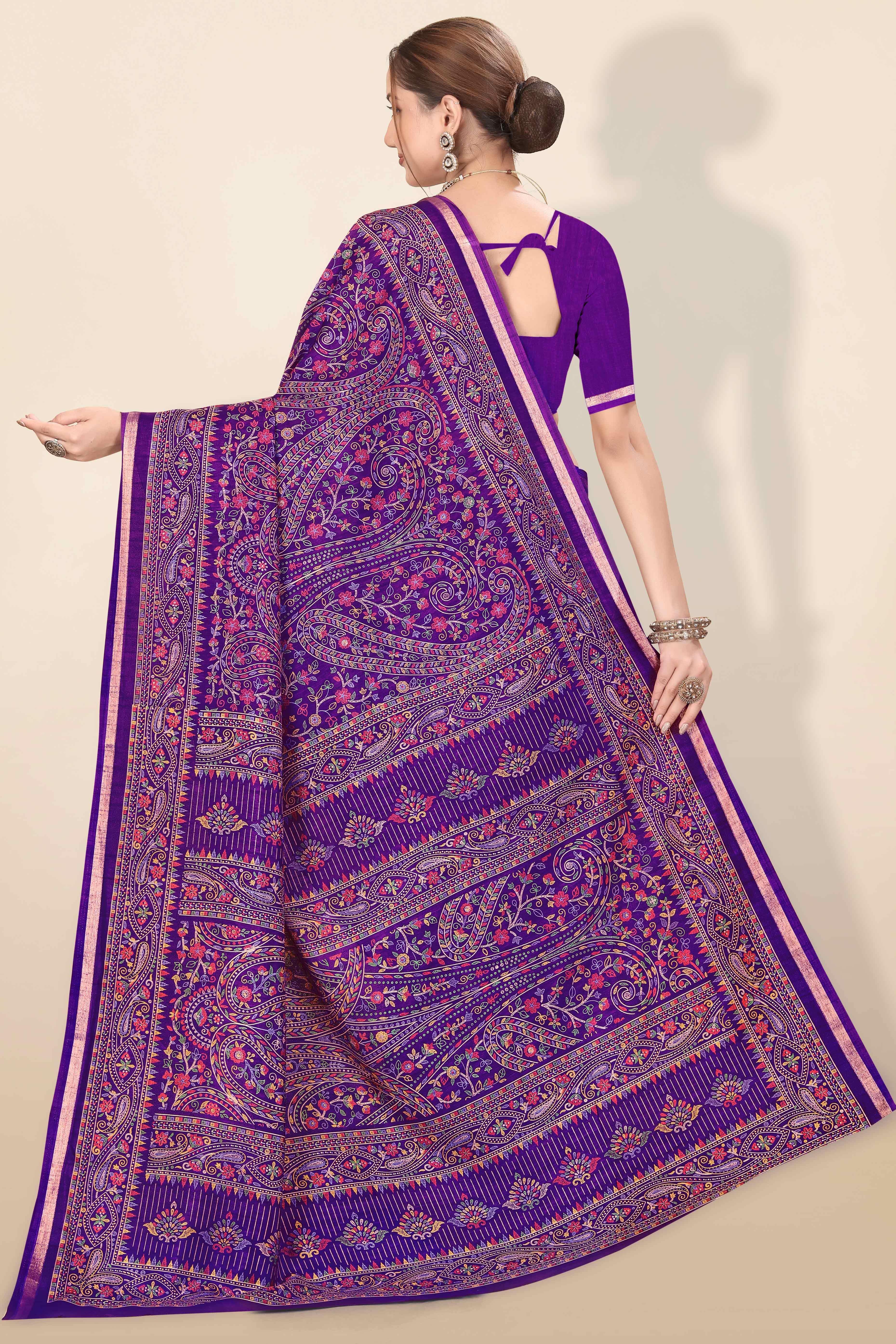 Purple Floral Printed Dola Kashmiri Dola Silk Saree Highlighted With Rich Golden Zari Border