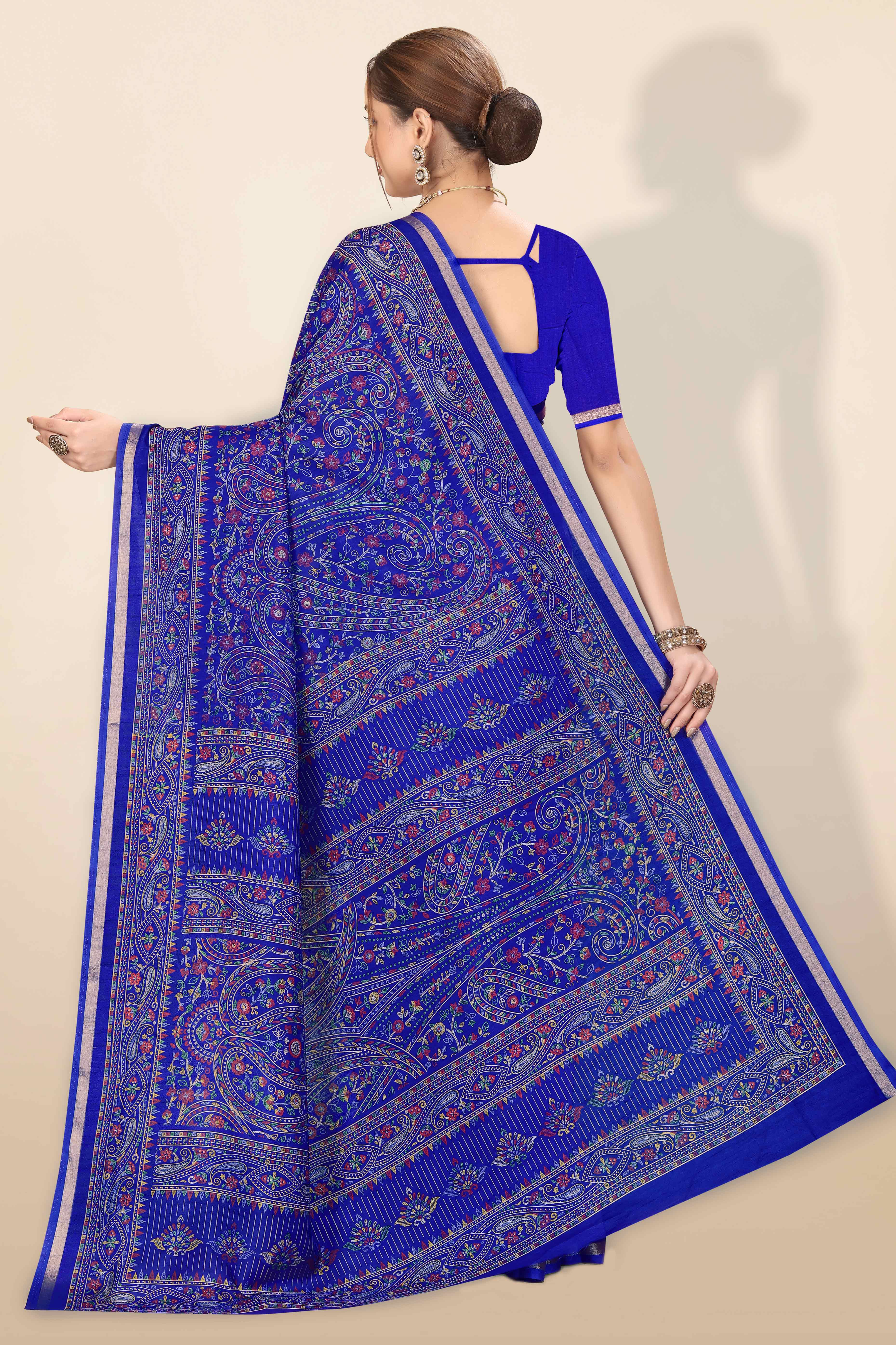 Royal Blue Floral Printed Dola Kashmiri Dola Silk Saree Highlighted With Rich Golden Zari Border