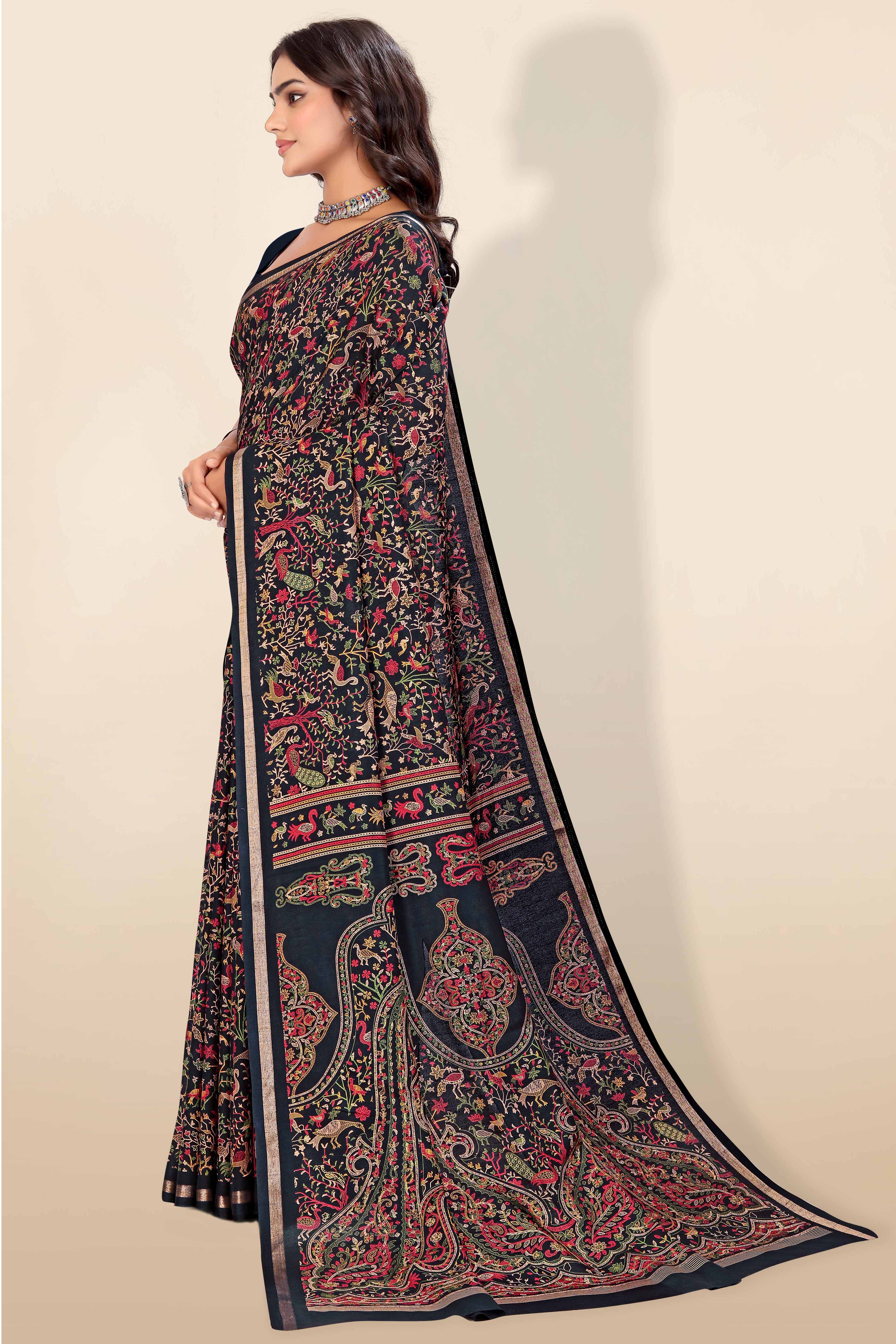 Black Tussar Silk Blend Saree with Intricate Floral & Bird Kashmiri Print & Elegant Zari Border