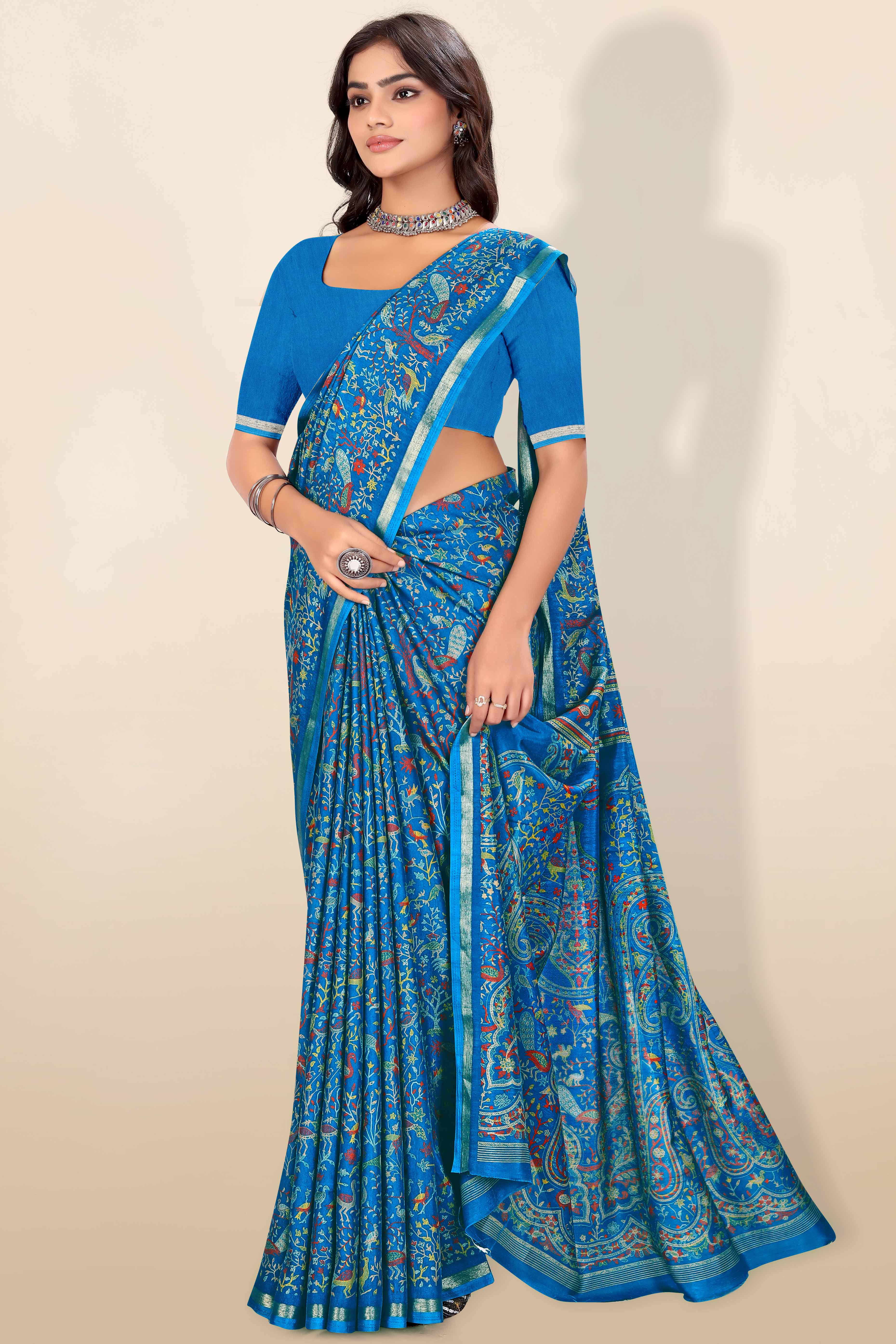 Blue Tussar Silk Blend Saree with Intricate Floral & Bird Kashmiri Print & Elegant Zari Border