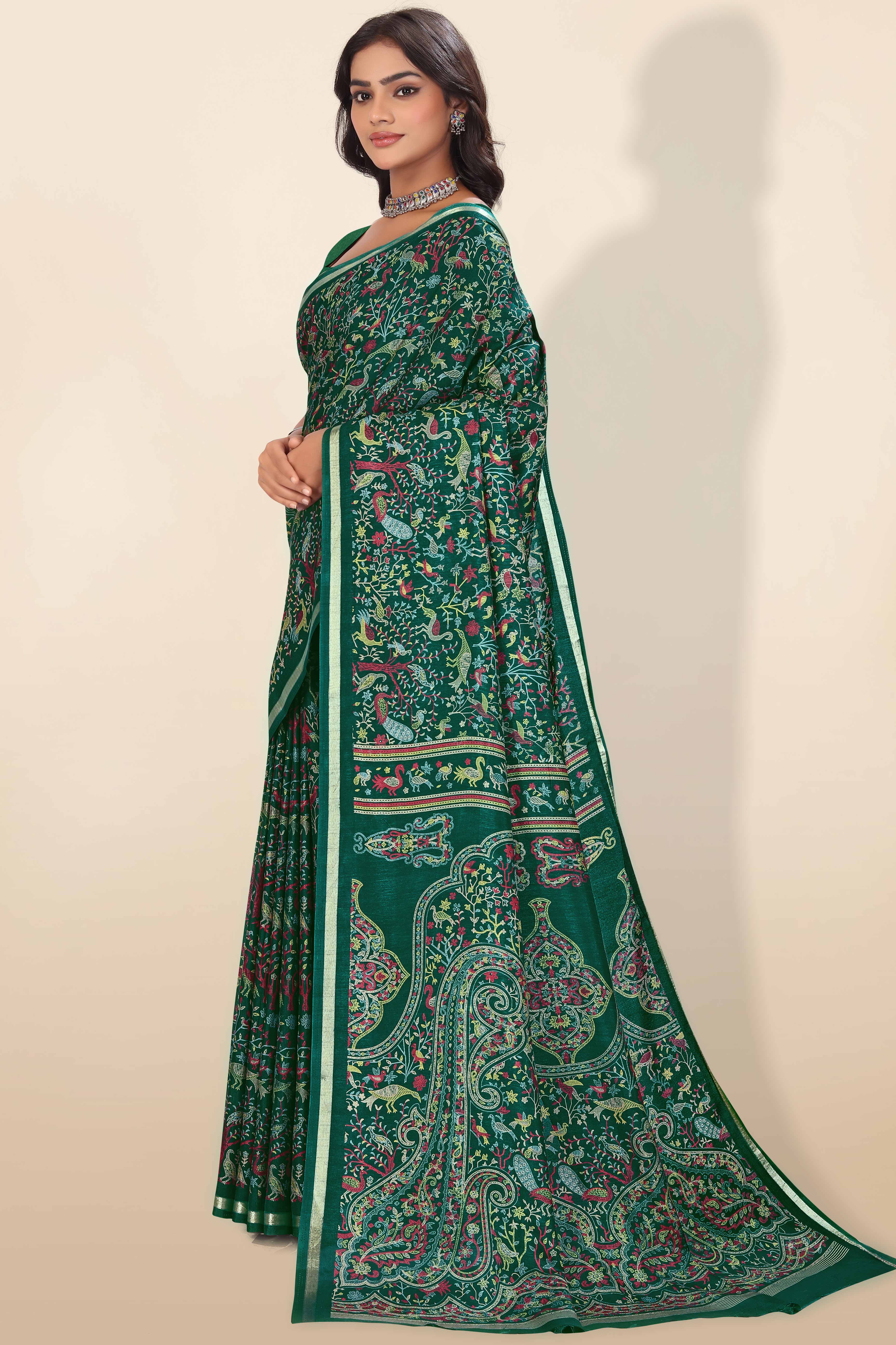 Green Tussar Silk Blend Saree with Intricate Floral & Bird Kashmiri Print & Elegant Zari Border