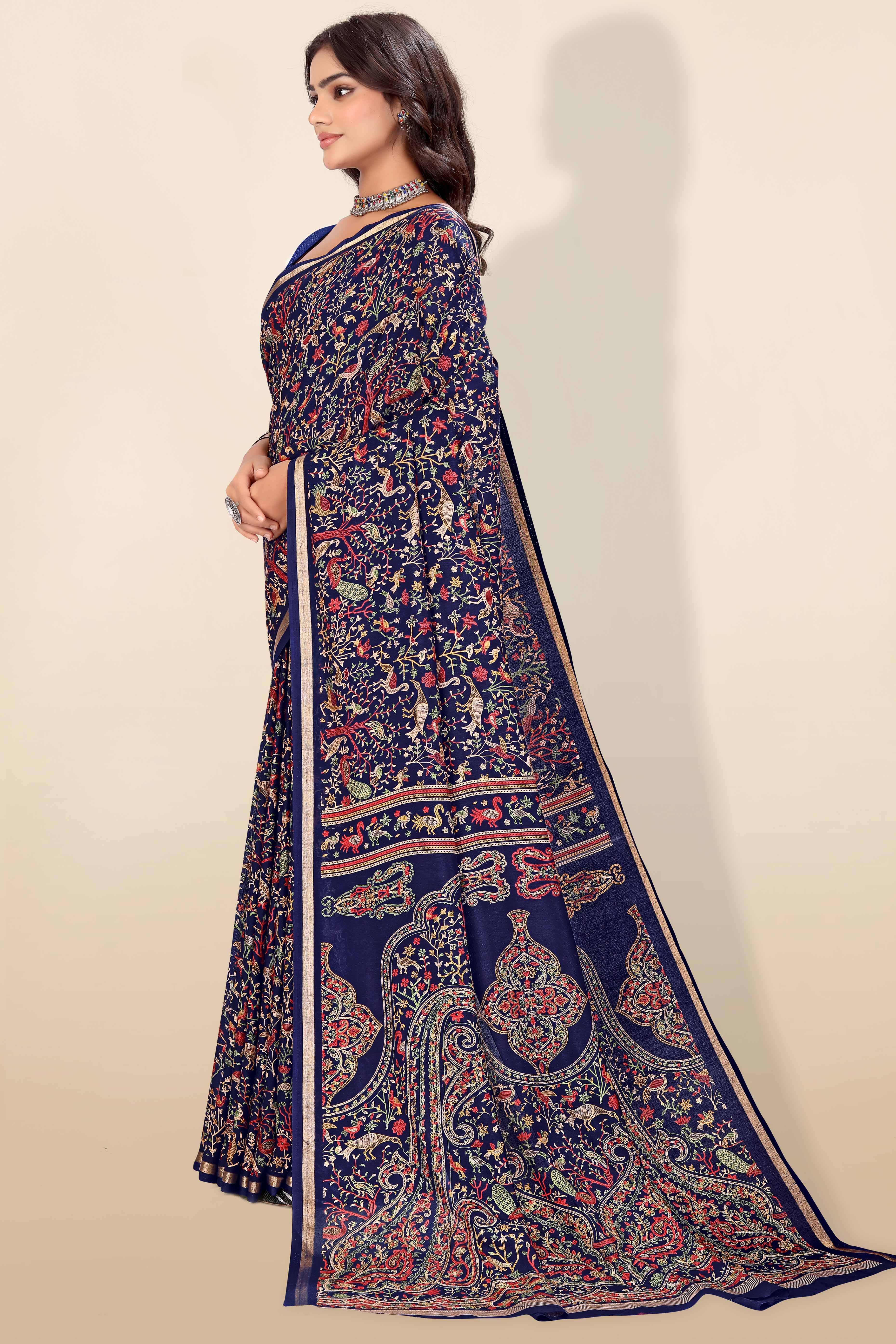Navy Blue Tussar Silk Blend Saree with Intricate Floral & Bird Kashmiri Print & Elegant Zari Border