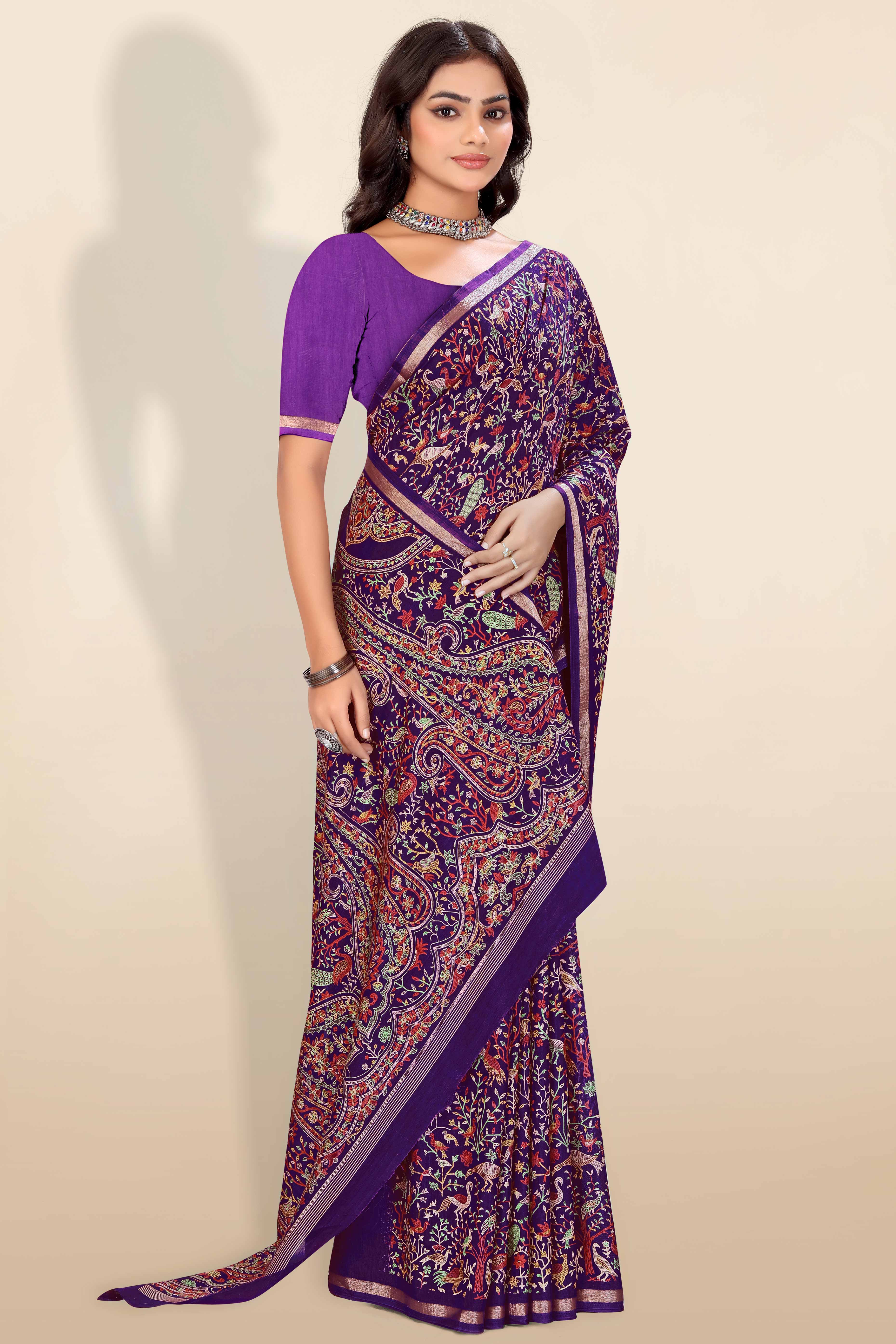 Purple Tussar Silk Blend Saree with Intricate Floral & Bird Kashmiri Print & Elegant Zari Border