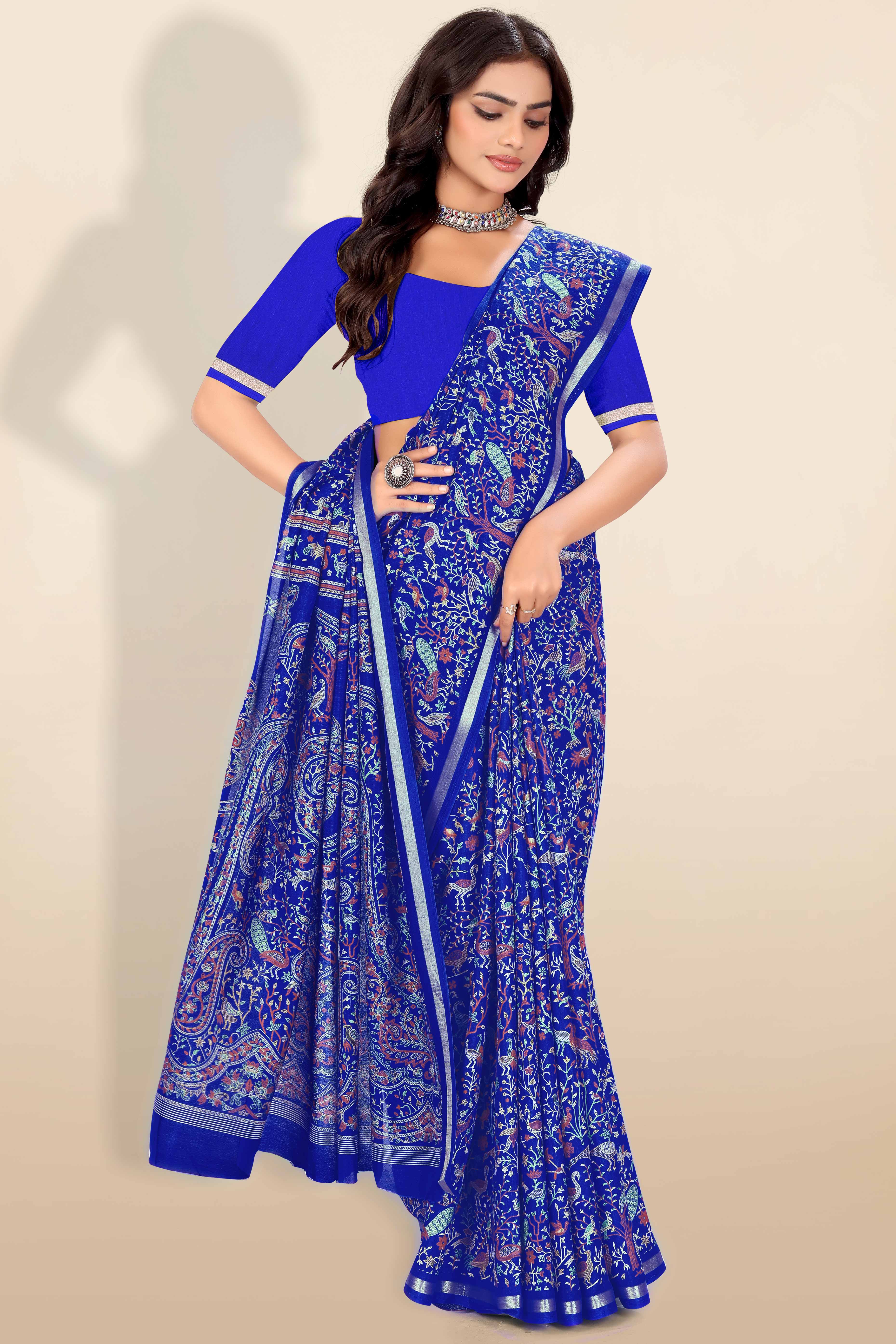 Royal Blue Tussar Silk Blend Saree with Intricate Floral & Bird Kashmiri Print & Zari Border
