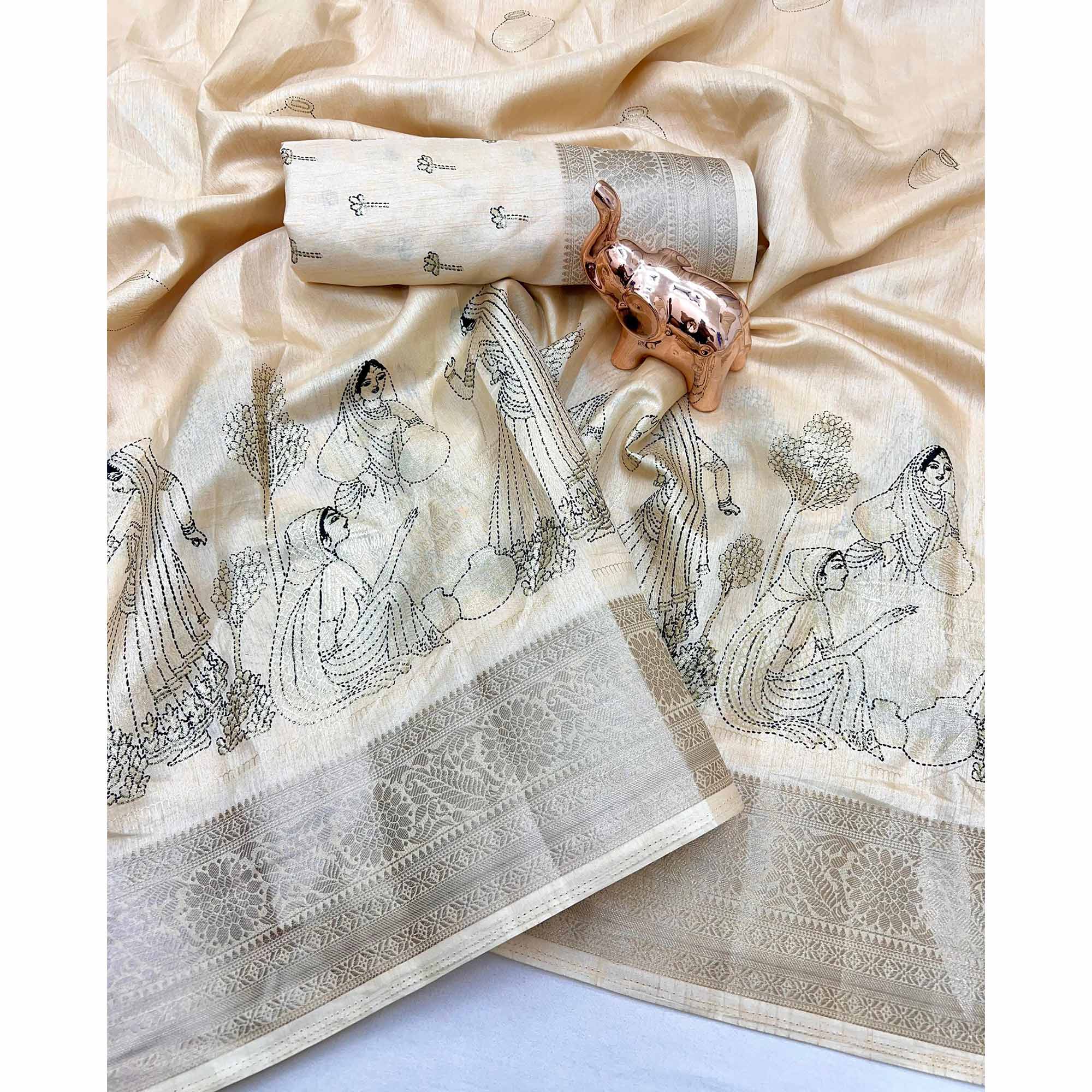 Traditional Print With Weaving Dola Silk Saree in Soft Cream Hue