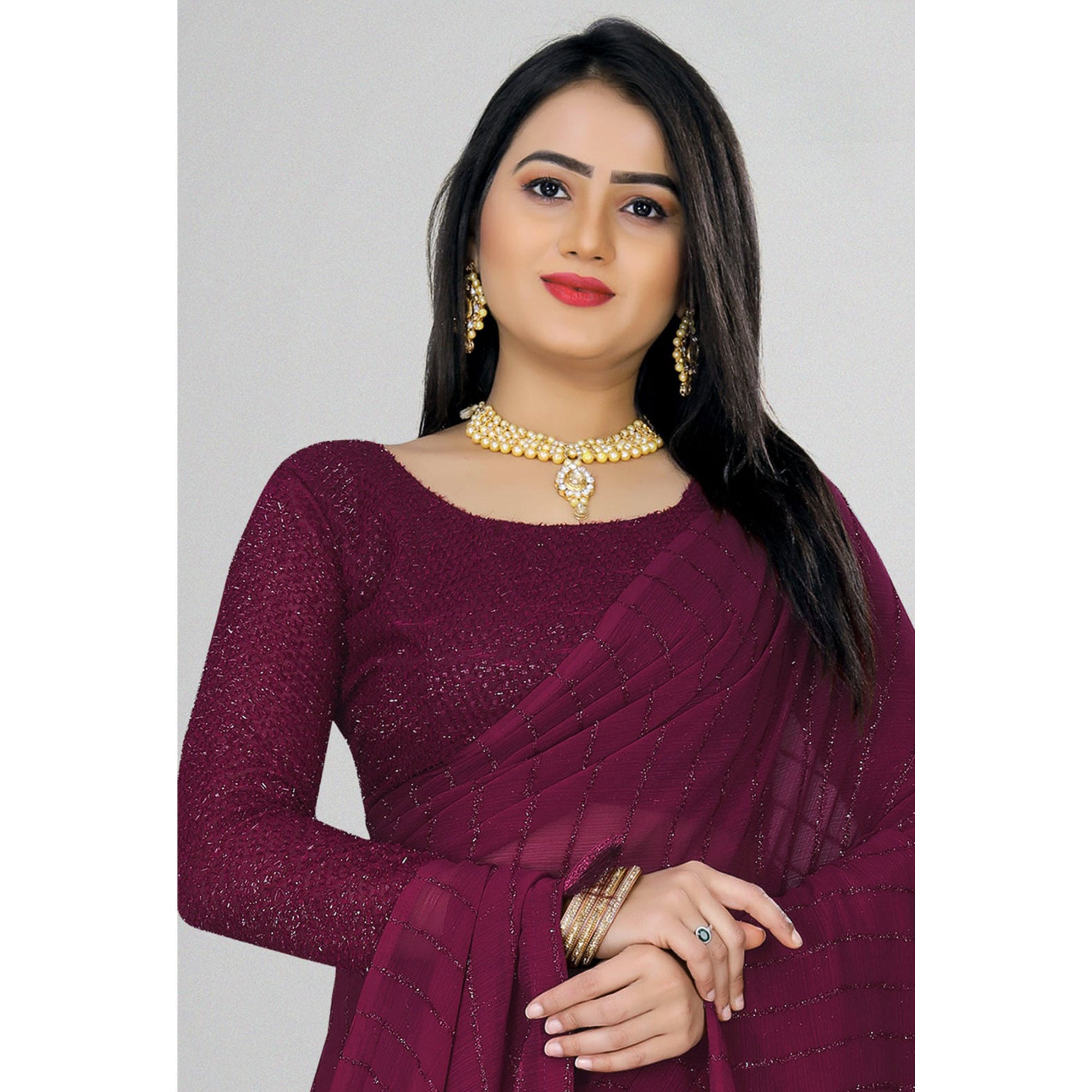 Purple Woven Chiffon Saree with Tassels