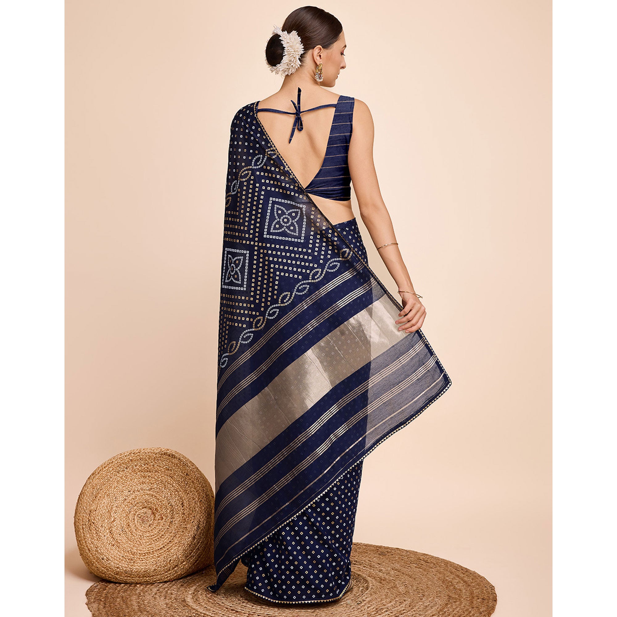 Blue Bandhani Printed Cotton Silk Saree