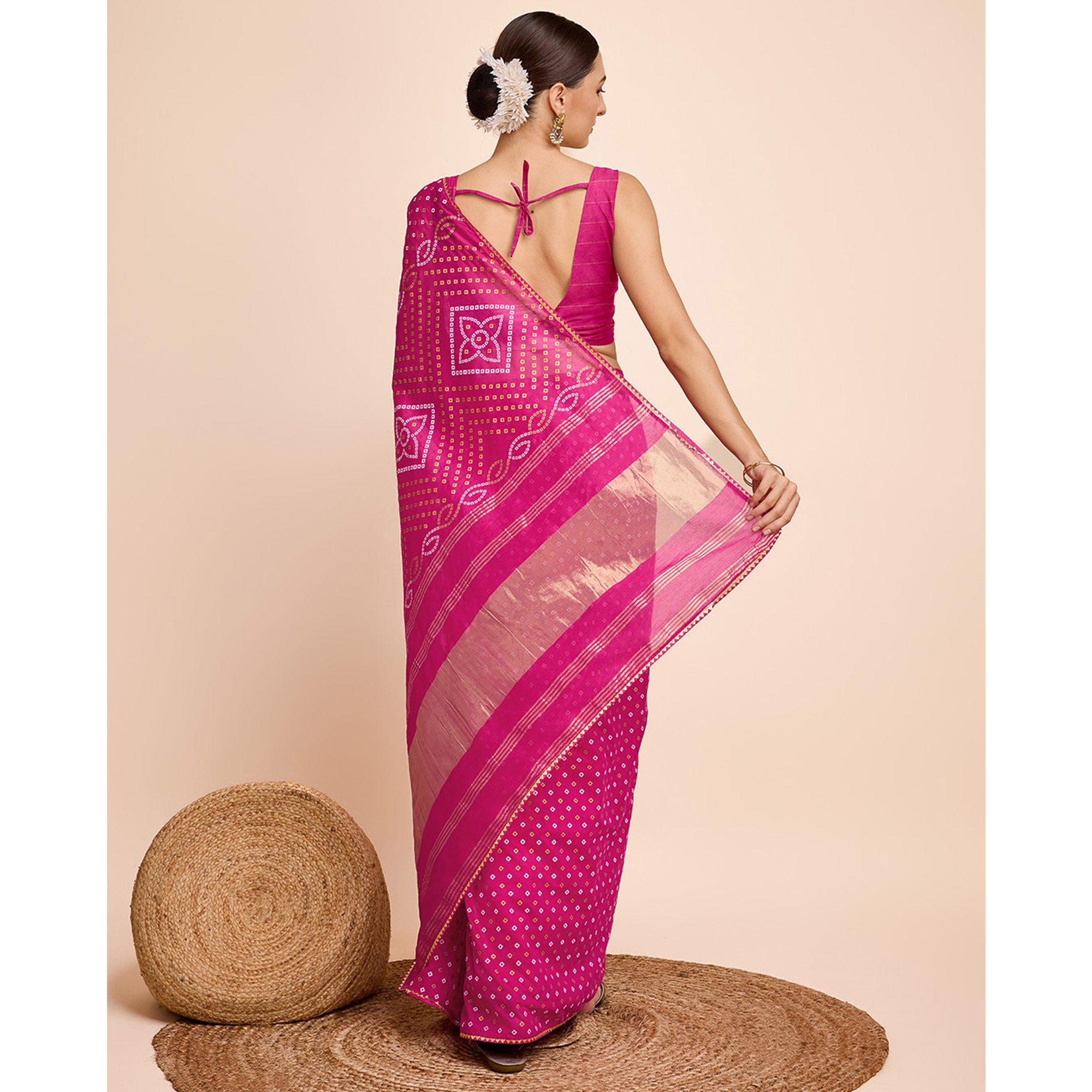 Pink Bandhani Printed Cotton Silk Saree