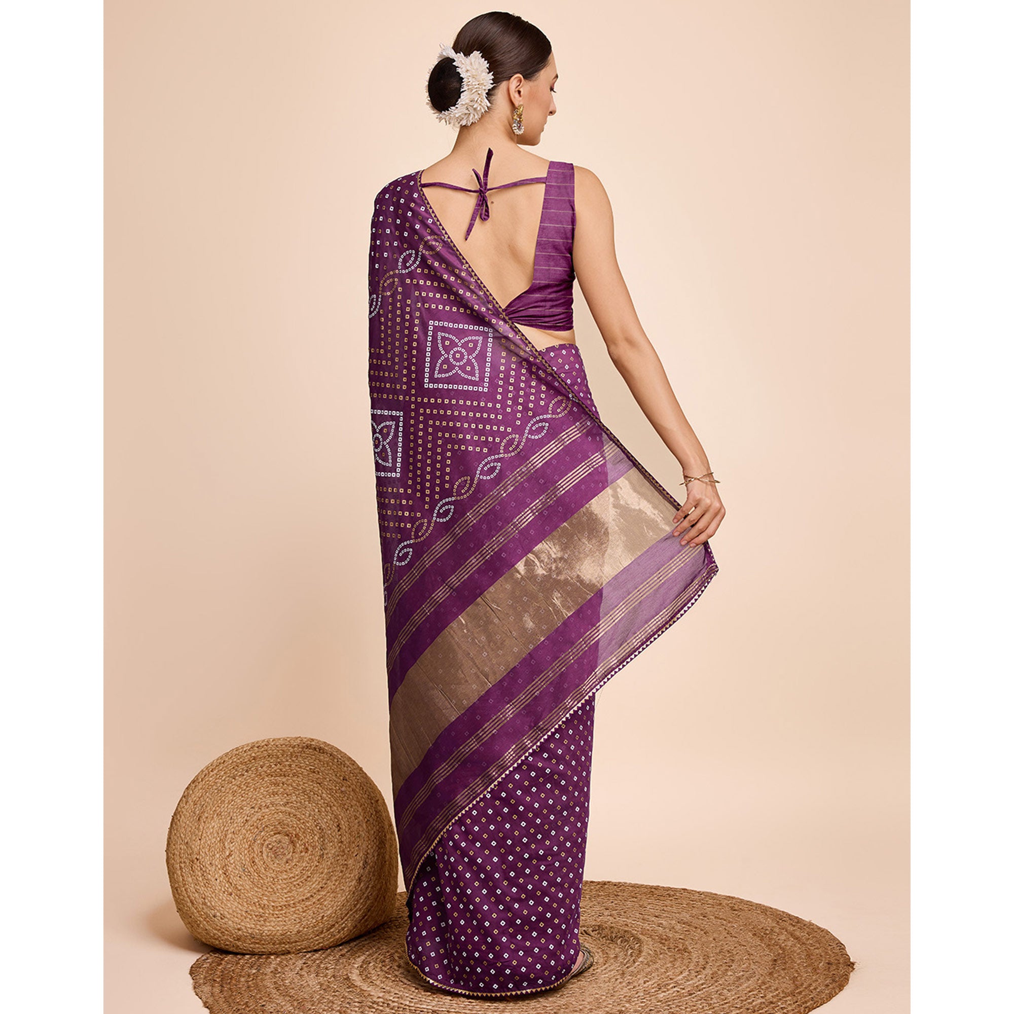 Purple Bandhani Printed Cotton Silk Saree