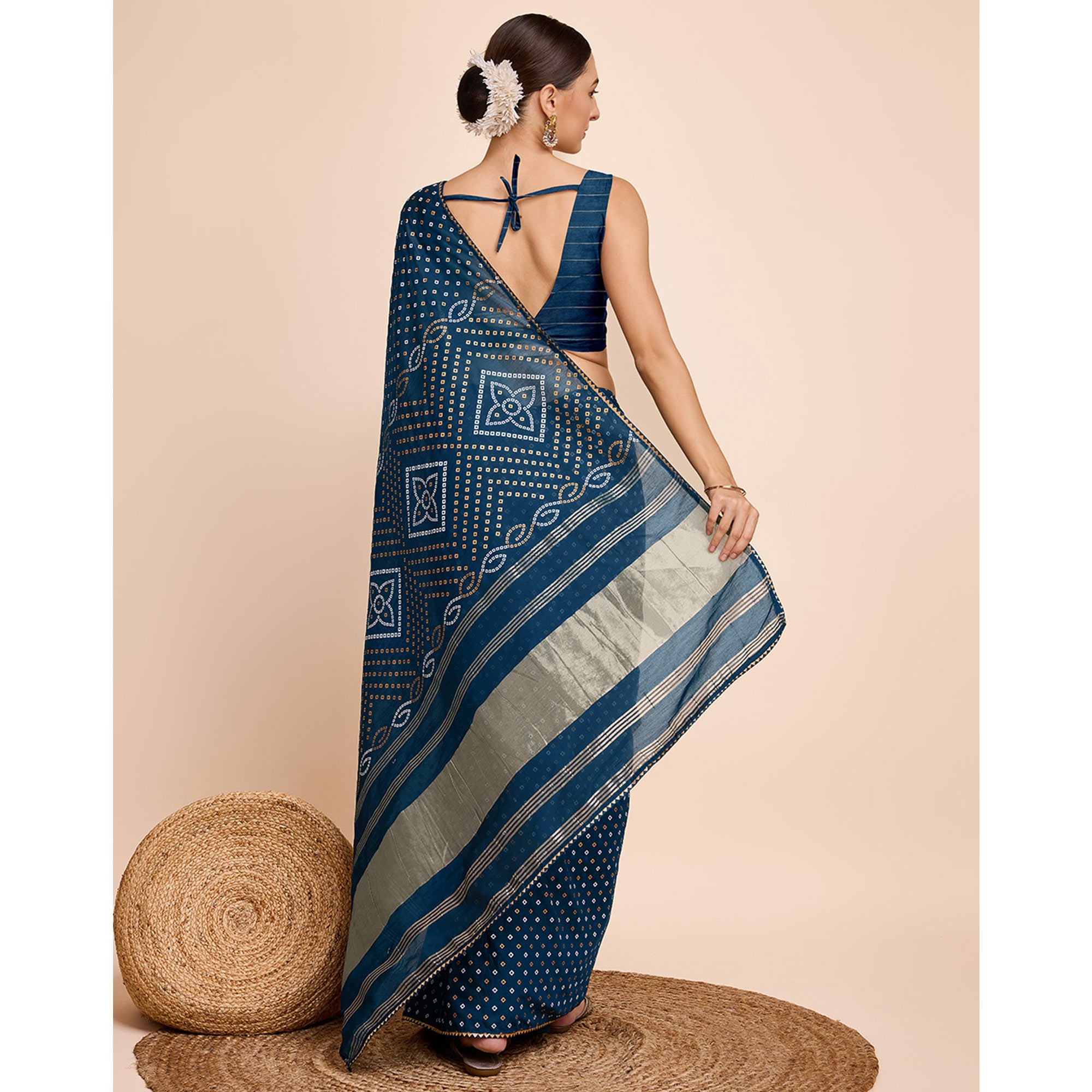 Teal Bandhani Printed Cotton Silk Saree