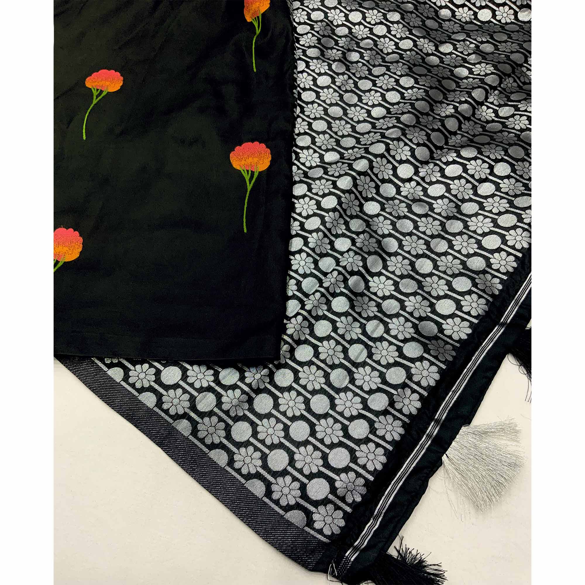 Graceful Black Banarasi Silk Saree With Floral Zari Weaving & Tassel Border