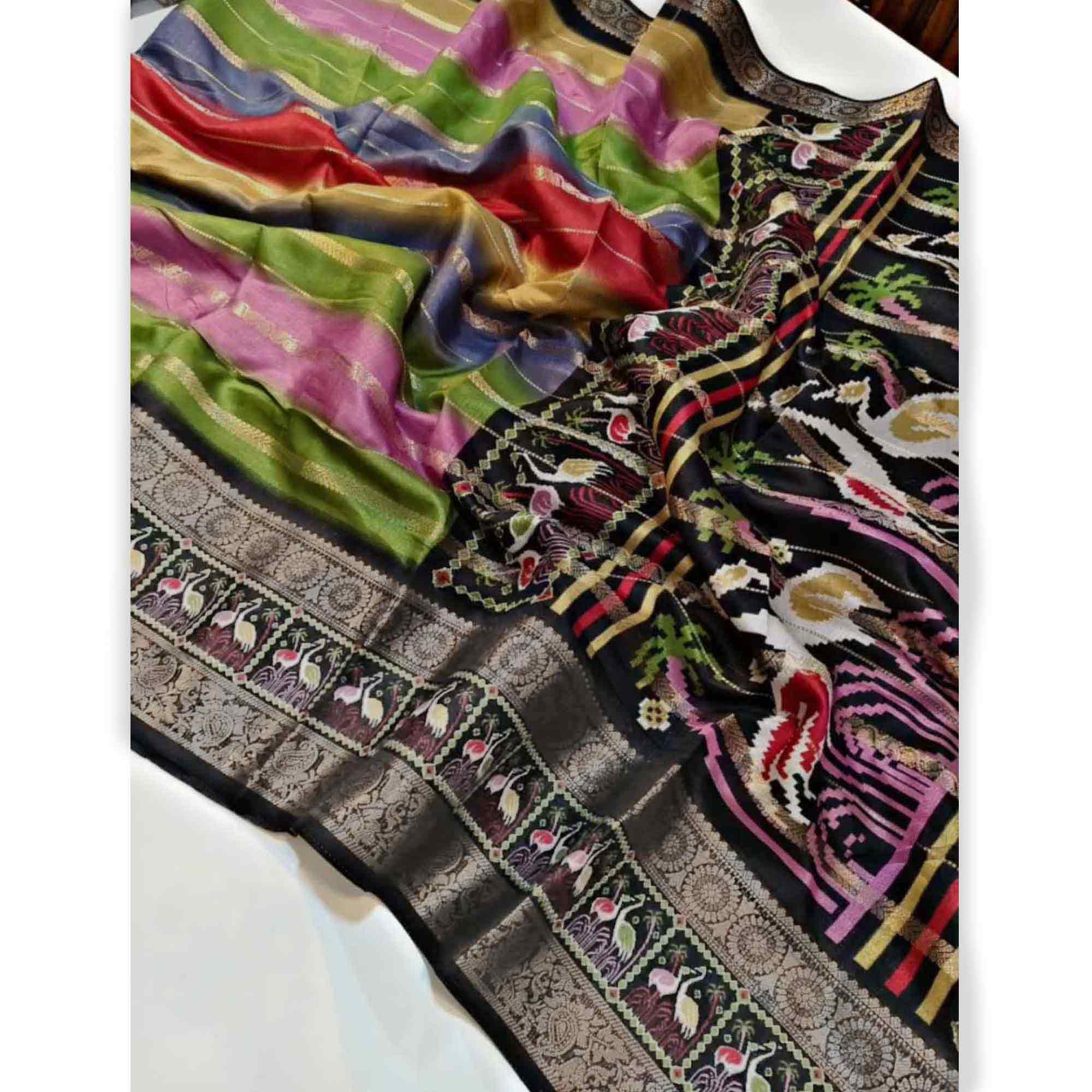 Luxury Multicolor Silk Jacquard Saree Adorned With Striped Zari Weaving and Printed Pallu