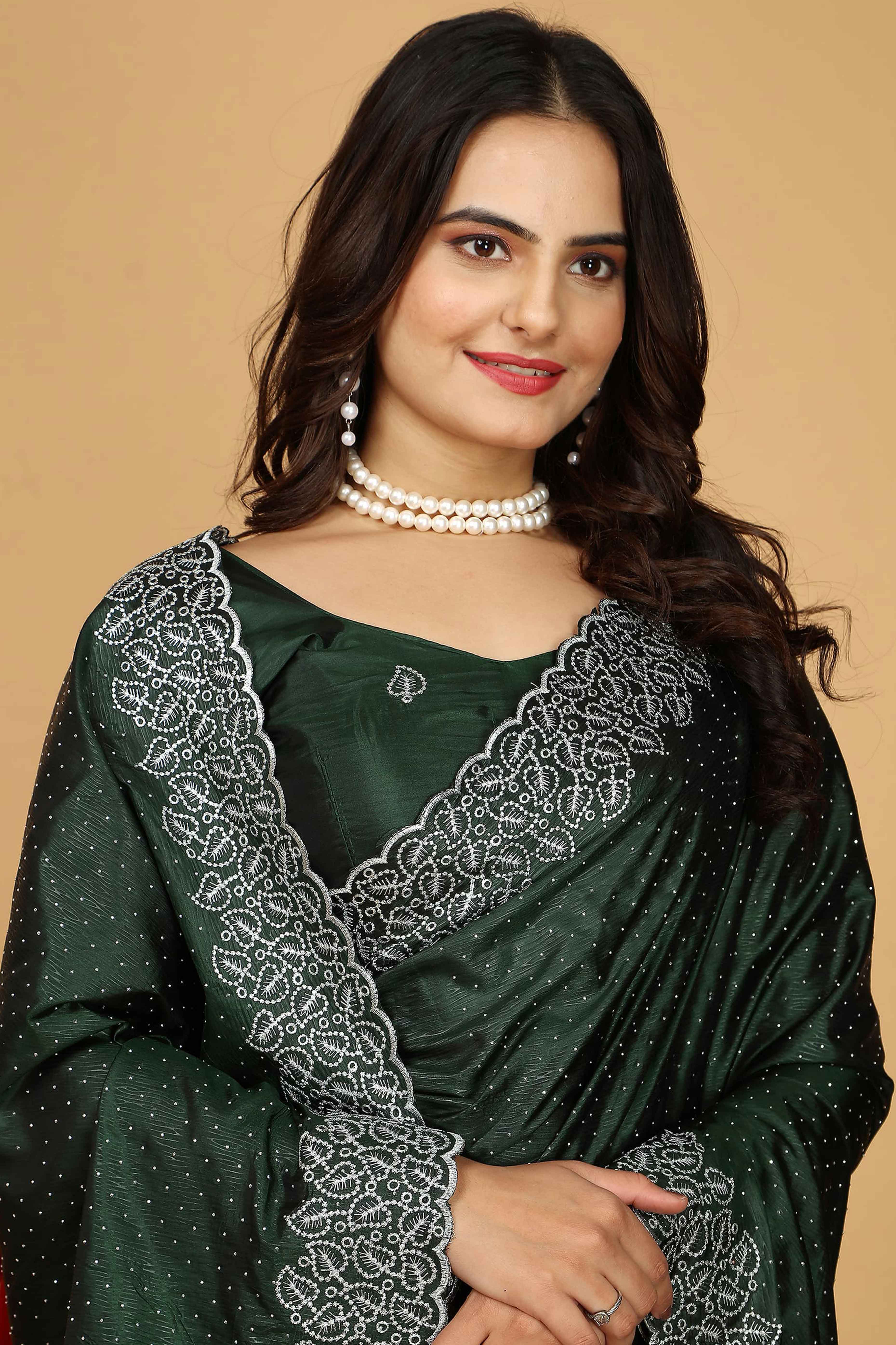 Green Swarovski Work Paper Silk Saree With Embroidery Zari Border