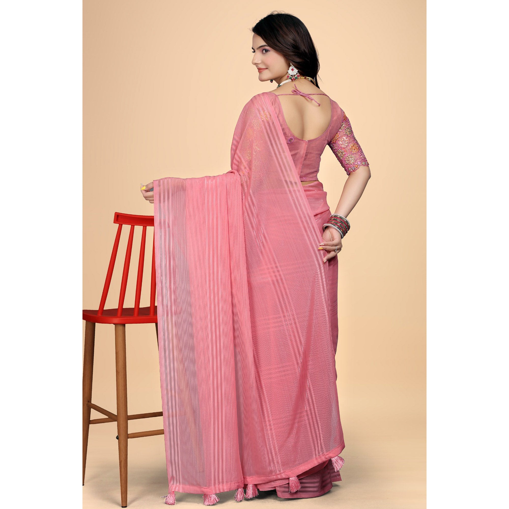 Peach Zari Striped Woven Georgette Saree