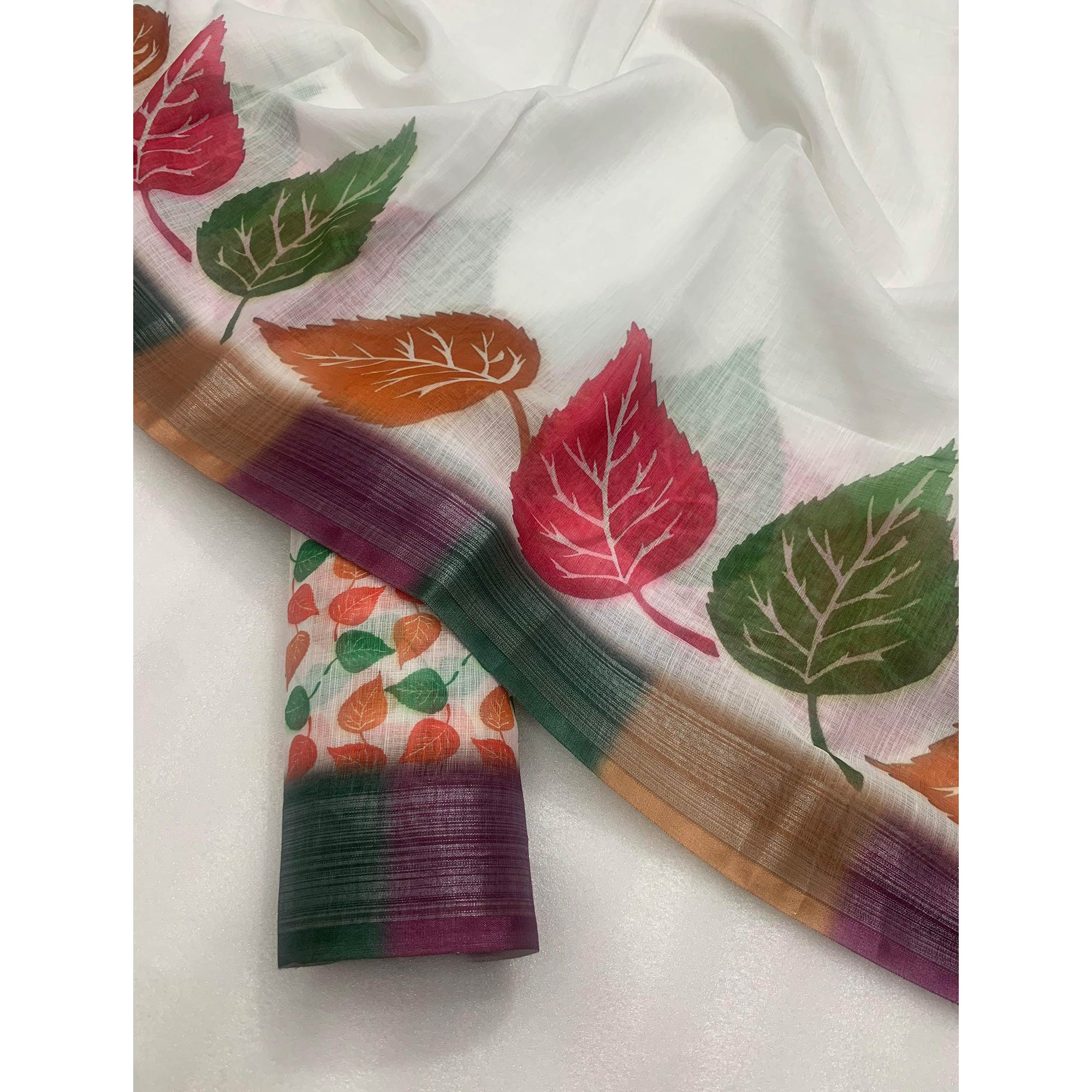 White Printed Linen Saree With Zari Work