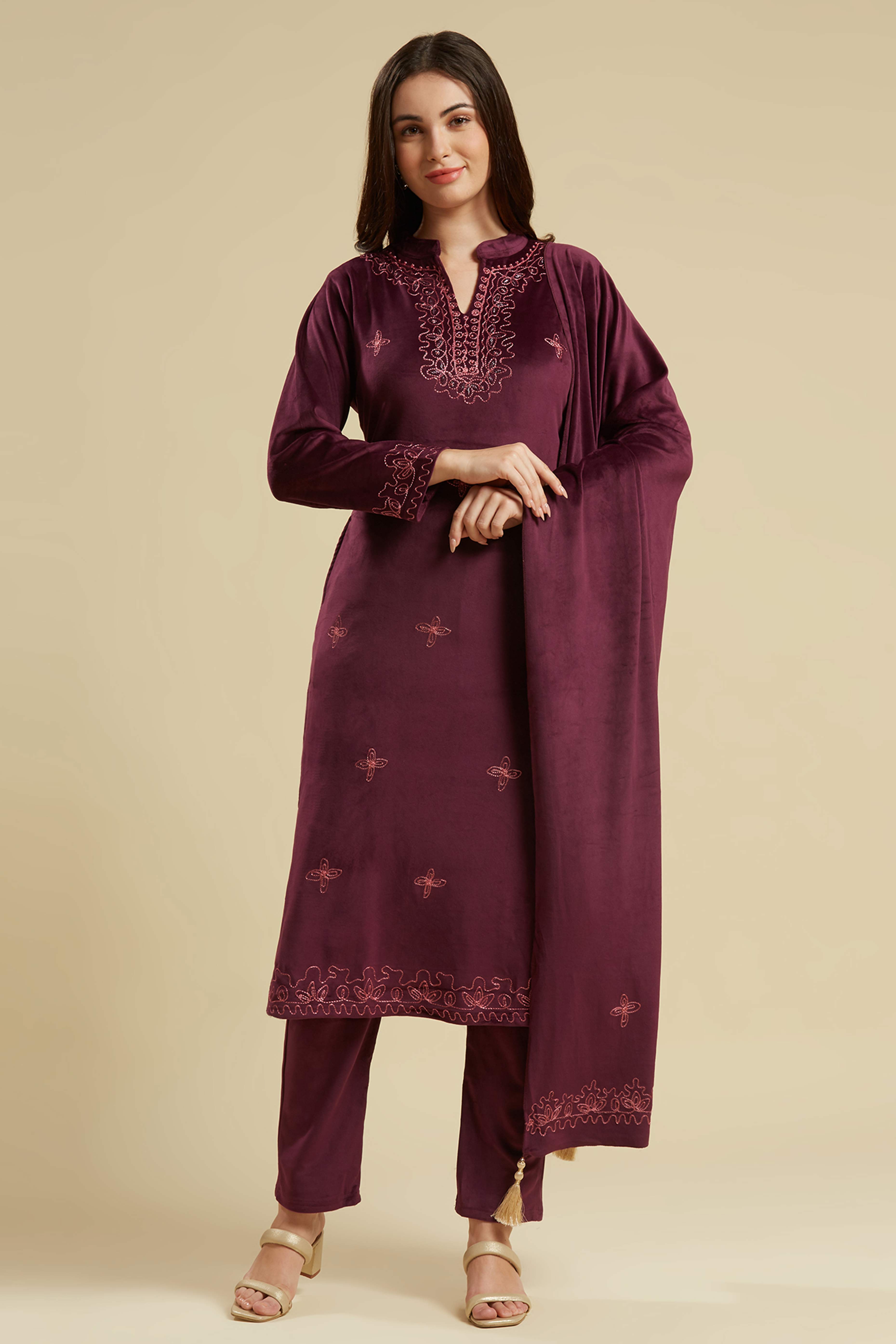 Wine Embroidered Velvet Straight Salwar Suit
