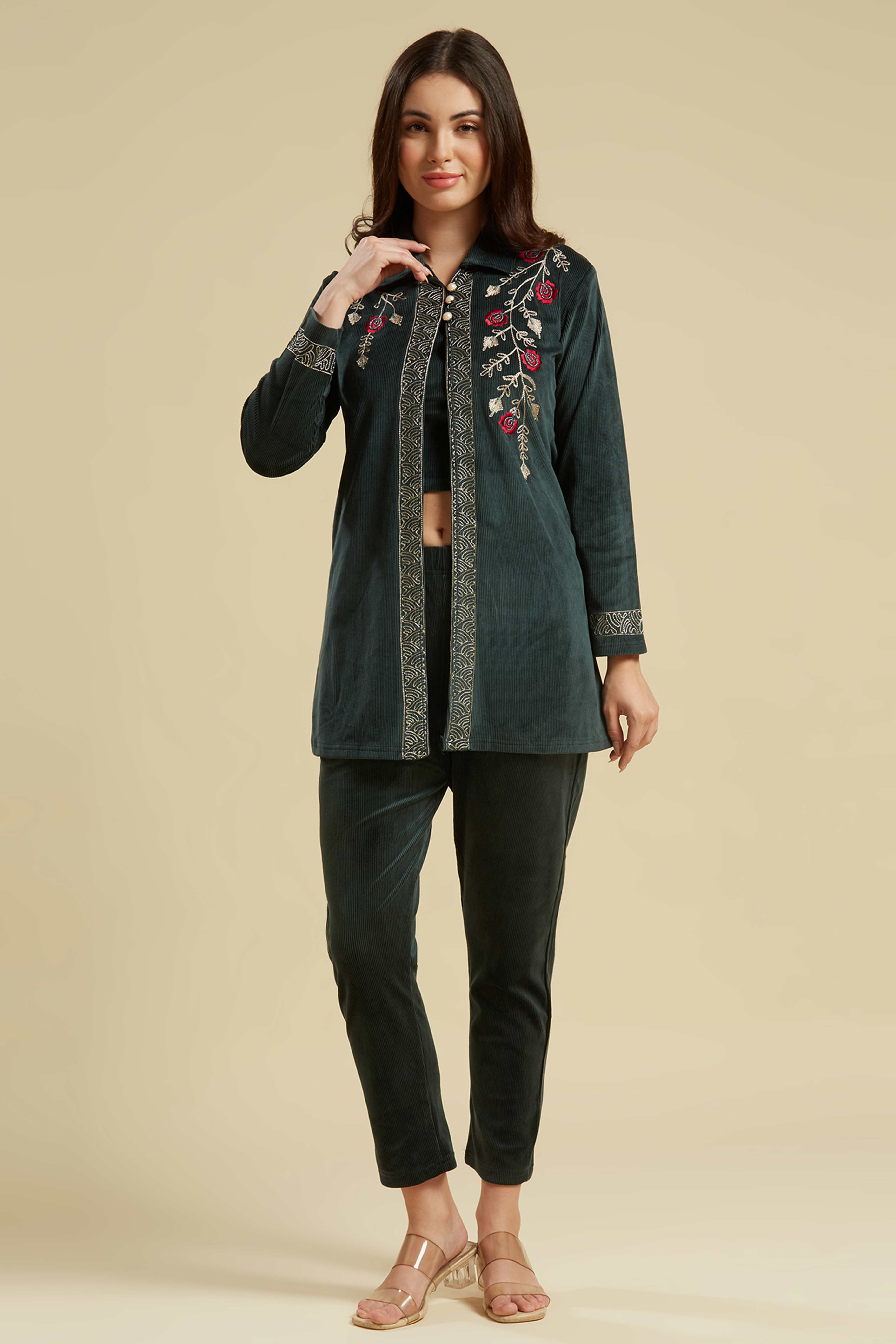 Green Embroidered Velvet Front Slit Top Bottom Set