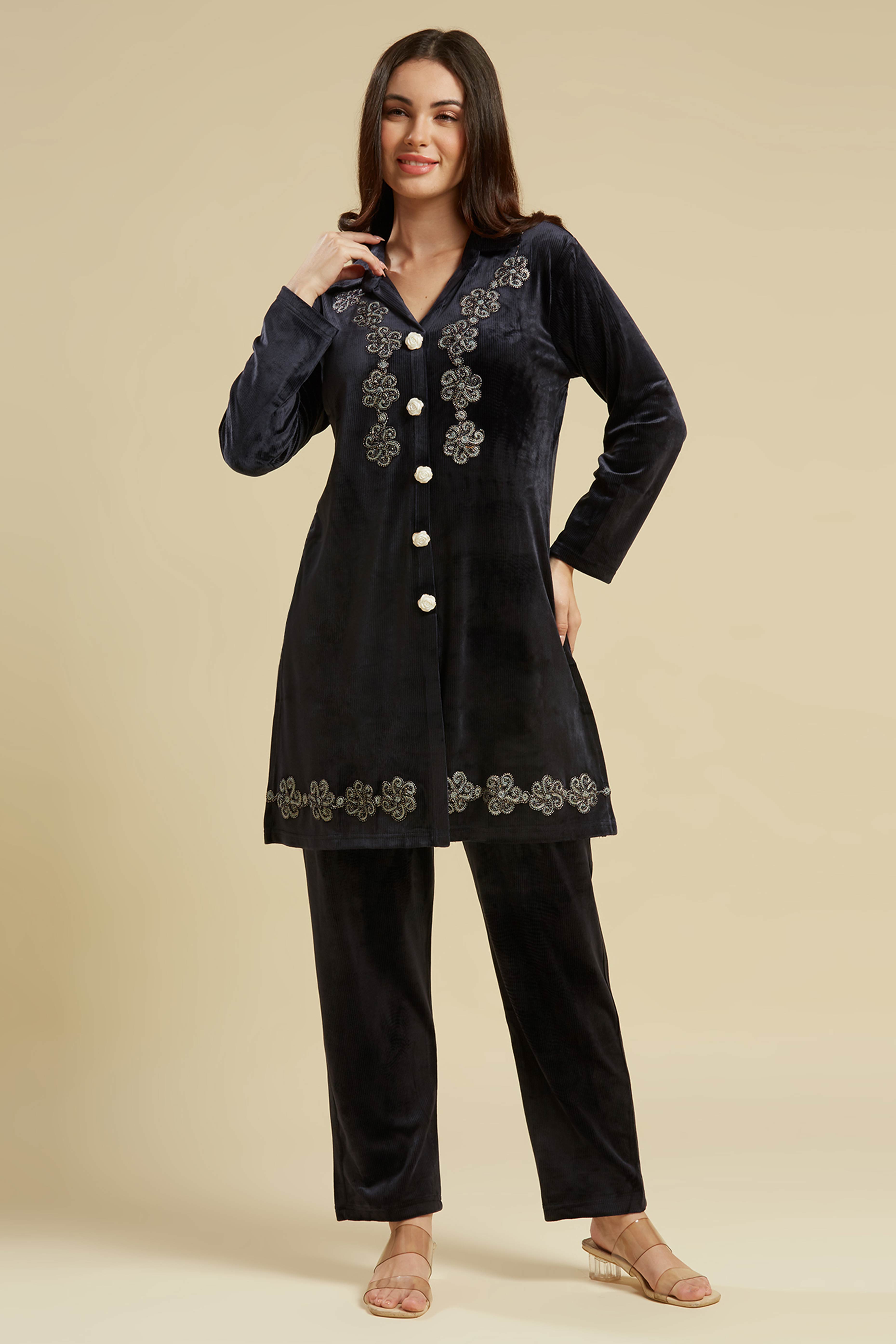 Navy Blue Embroidered Velvet A-Line Top Bottom Set