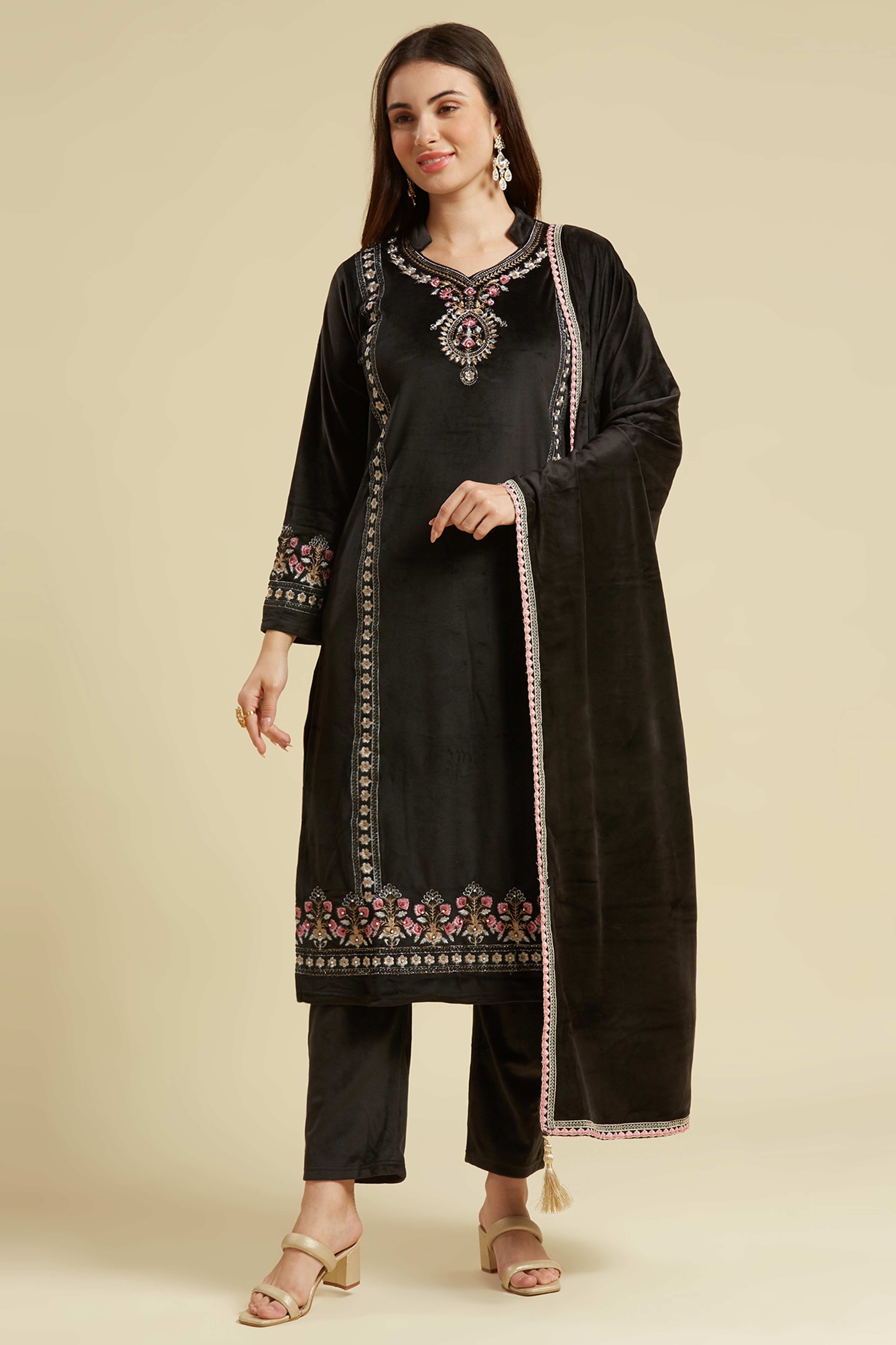 Black Embroidered Velvet Straight Salwar Suit
