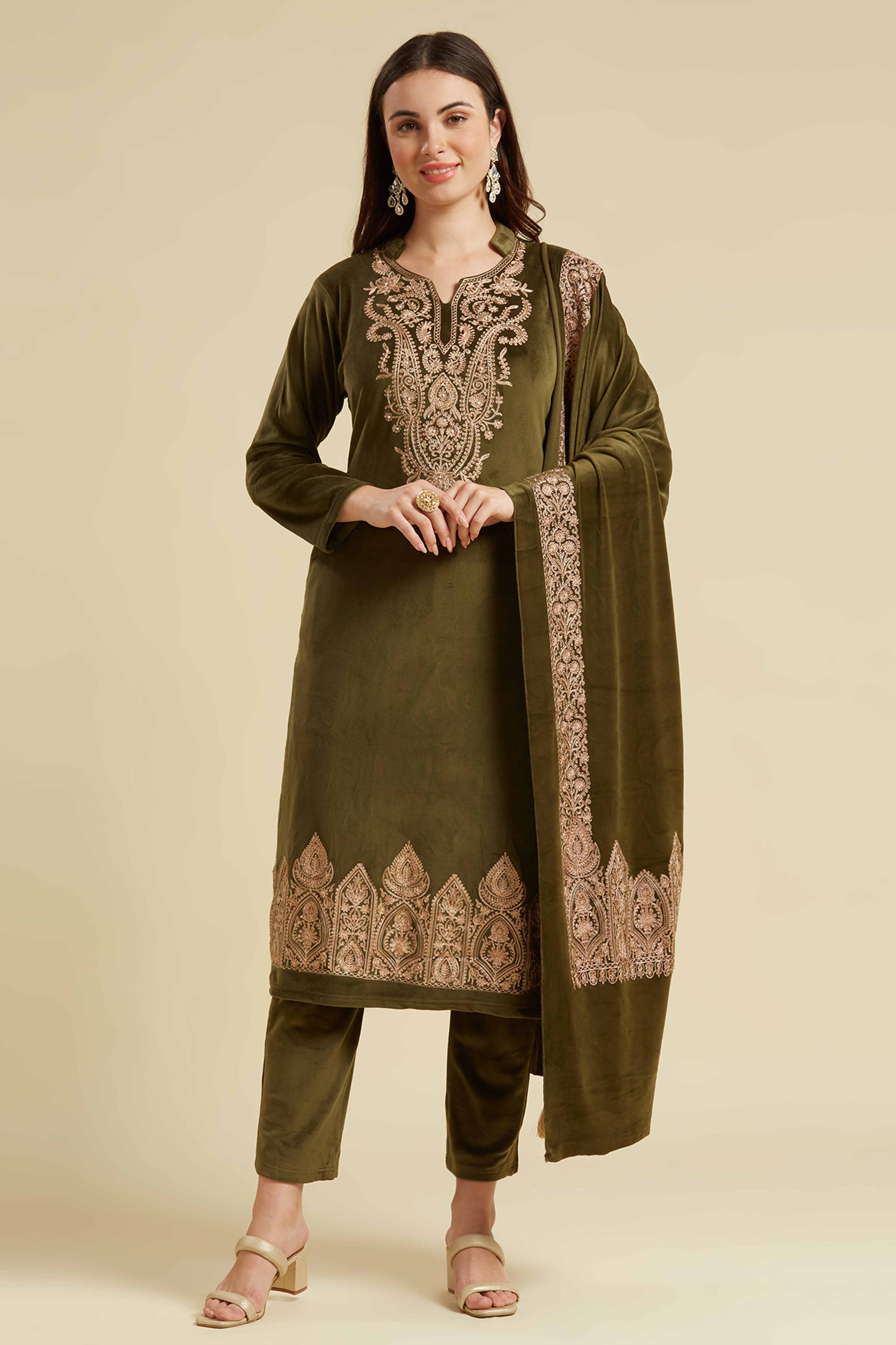 Green Embroidered Velvet Straight Salwar Suit