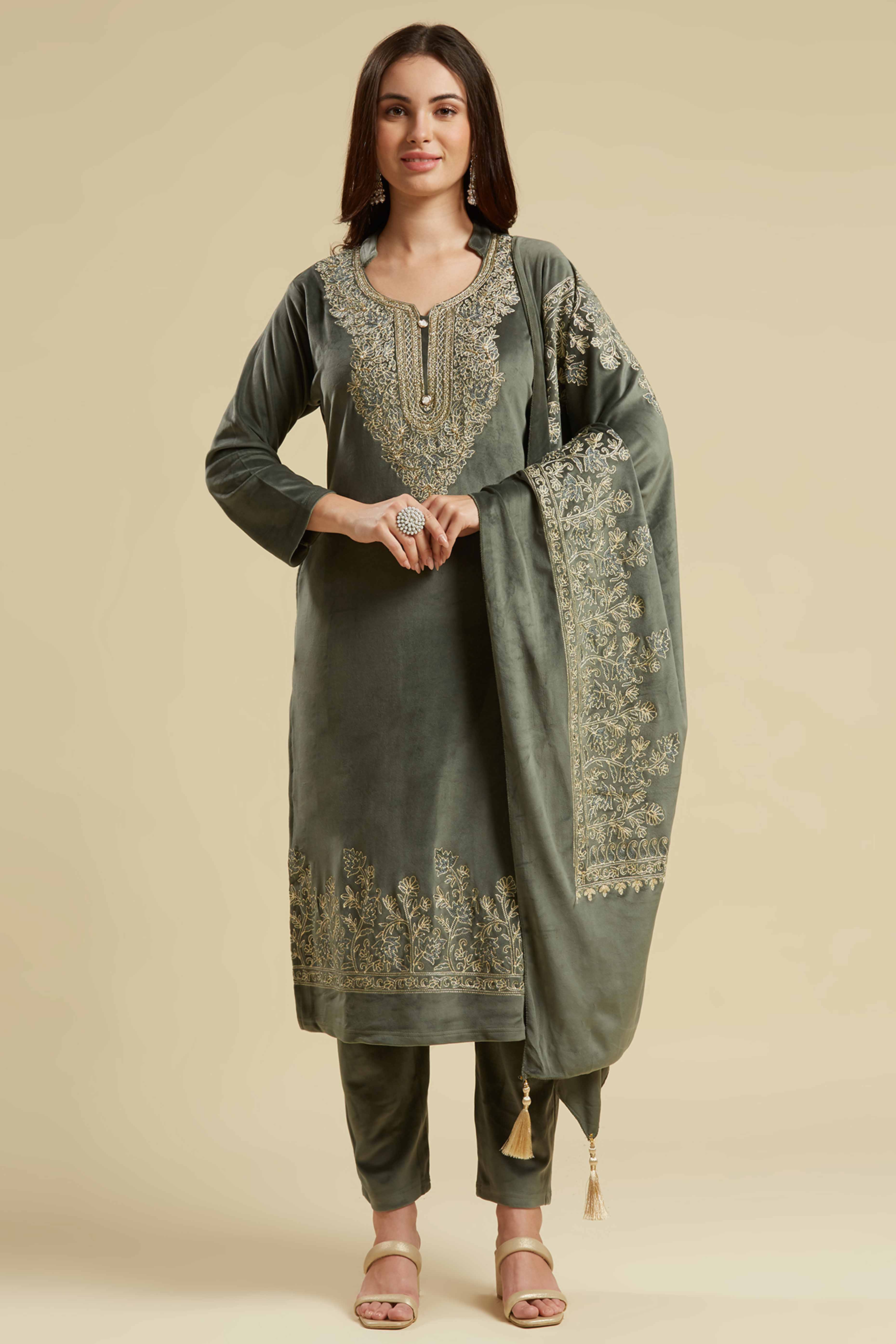 Green Embroidered Velvet Straight Salwar Suit