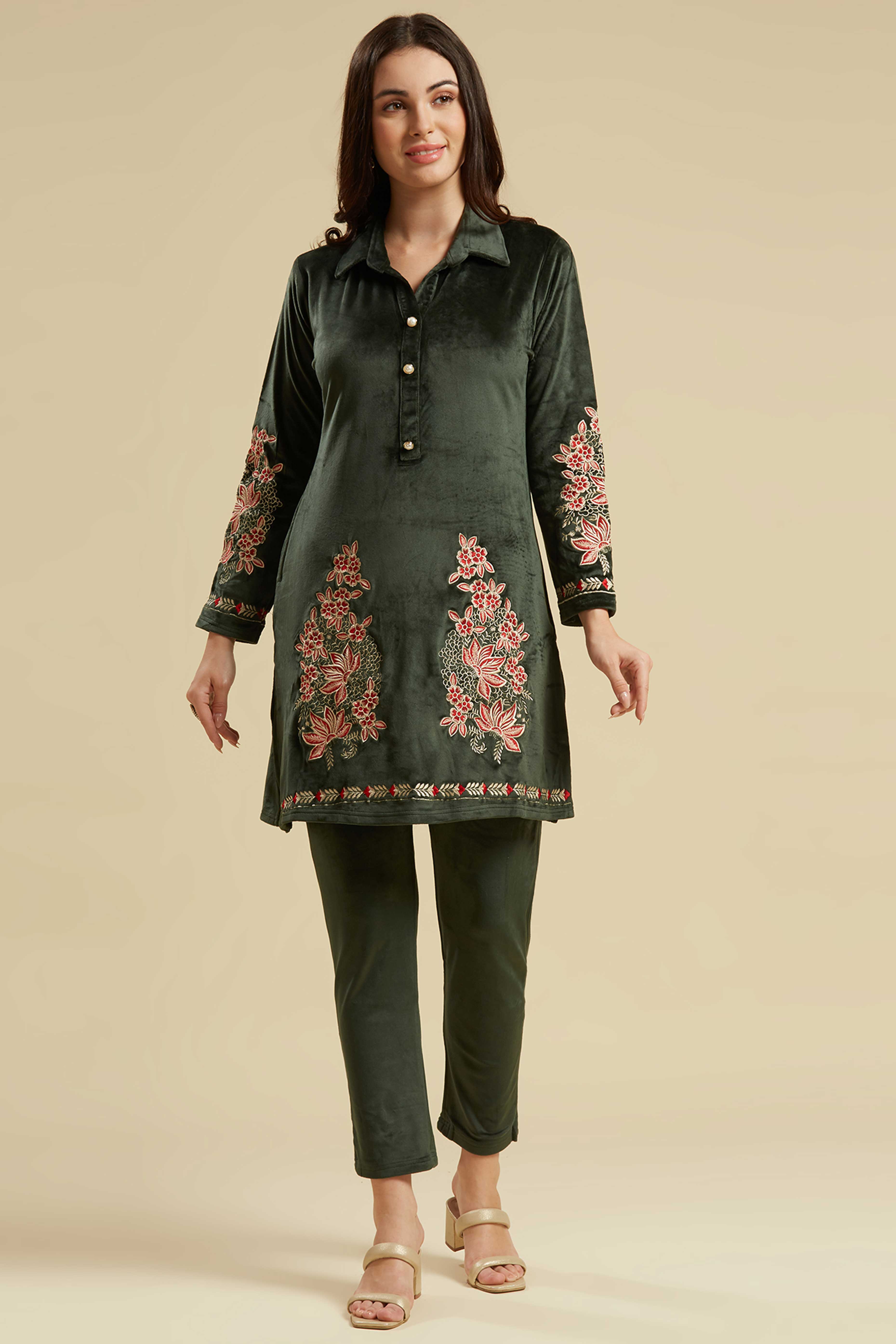 Green Embroidered Velvet Straight Top Bottom Set