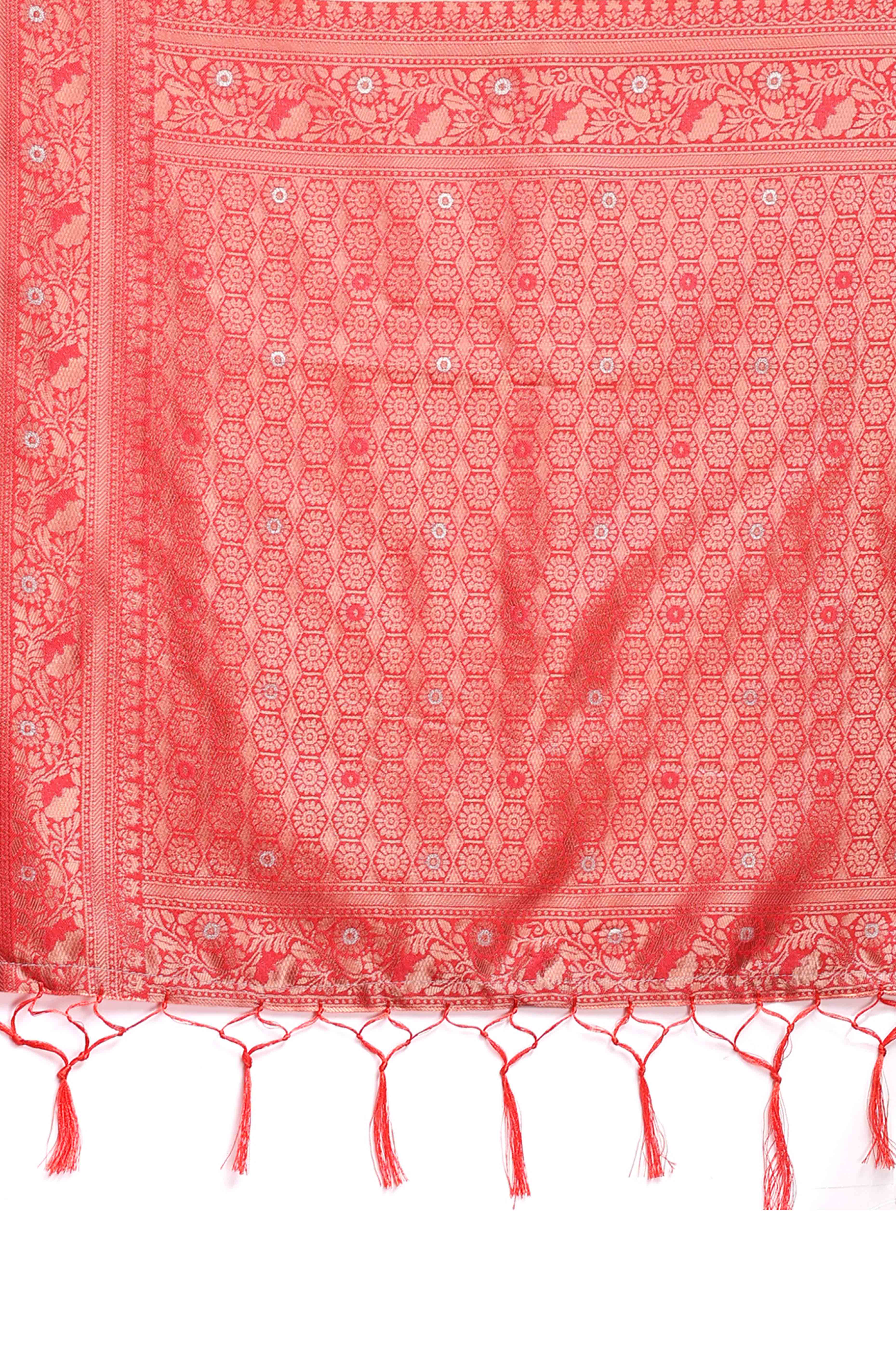 Vibrant Orange Floral Zari Weaving Cotton Blend Saree with Eye-Catching Tassels