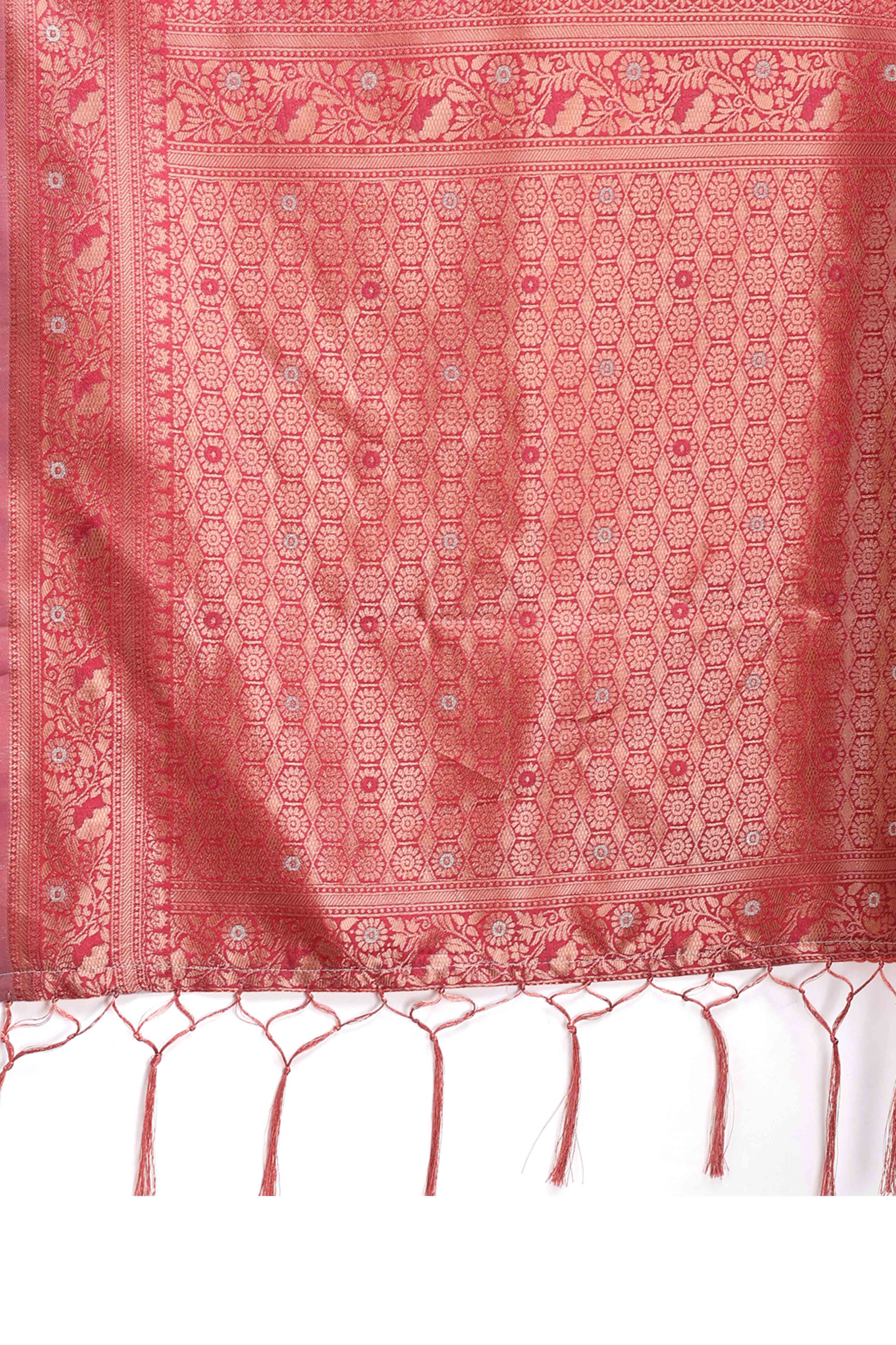 Elegant Peach Floral Zari Weaving Cotton Blend Saree with Beautiful Tassel Details