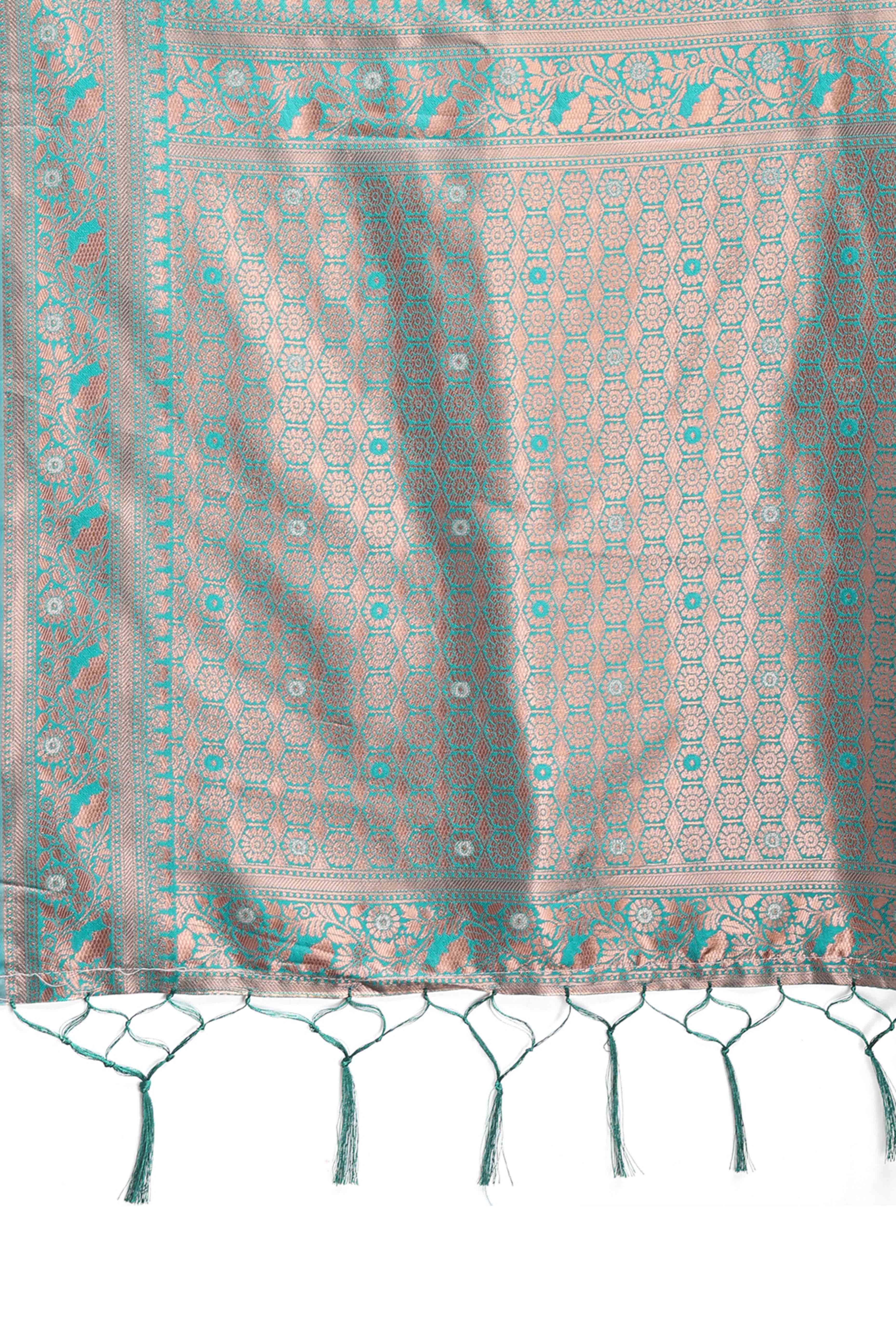 Harmonious Light Green Floral Zari Weaving Cotton Blend Saree with Graceful Tassels