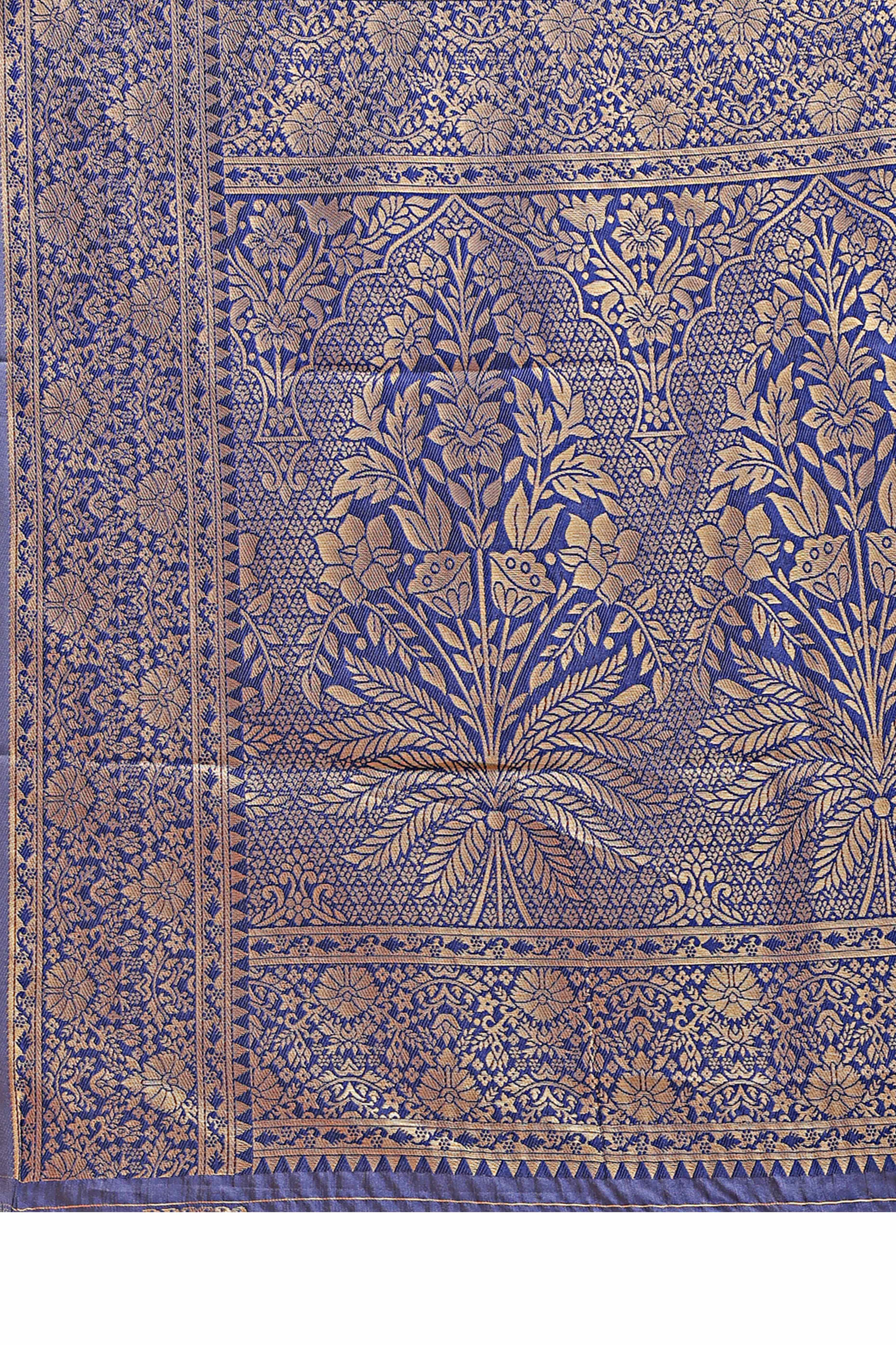 Cream Banarasi Silk Saree Featuring Navy Blue Floral Zari Weaving and a Rich Contrast Border