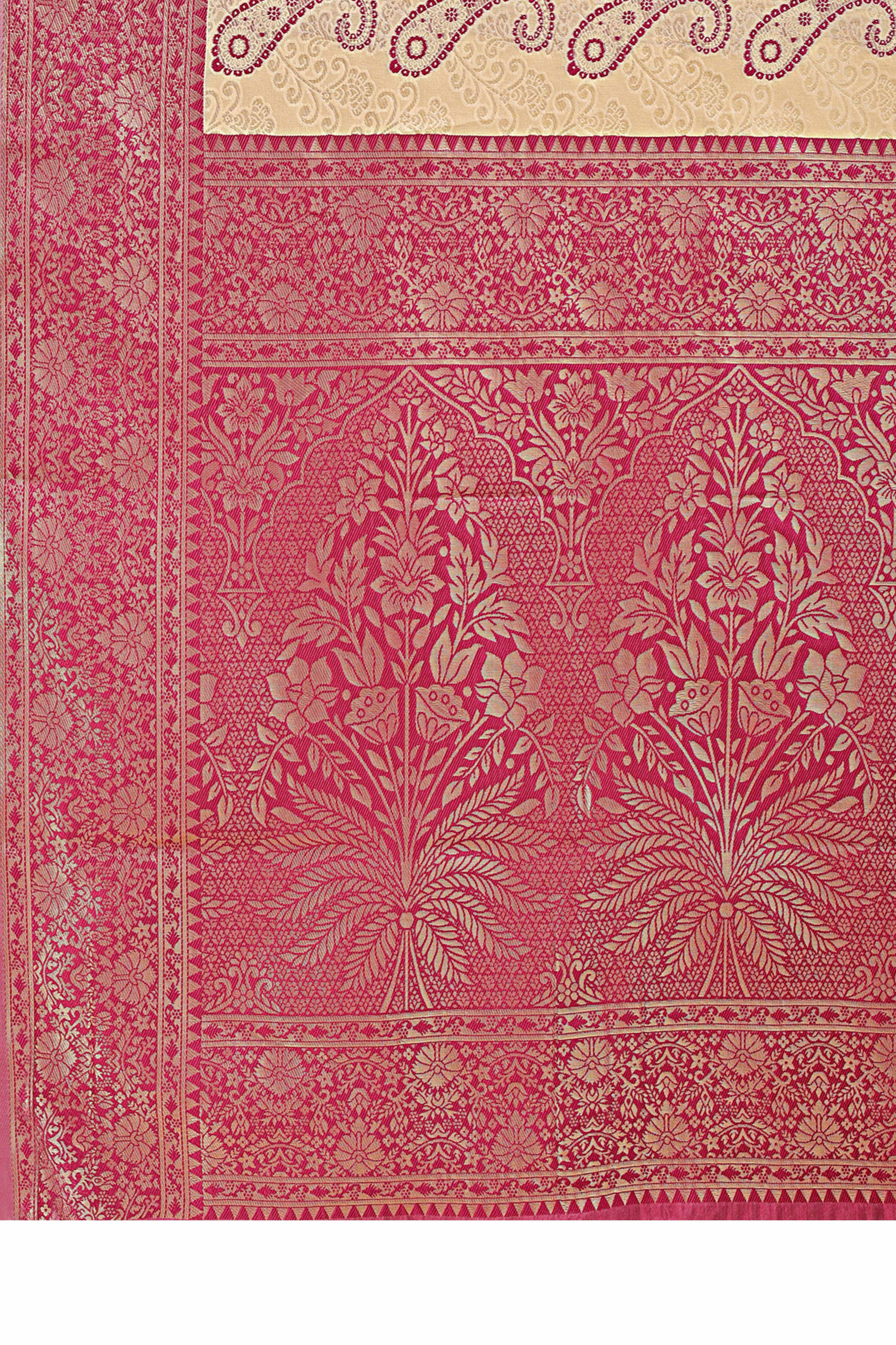 Cream Banarasi Silk Saree Featuring Magenta Floral Zari Weaving and a Rich Contrast Border