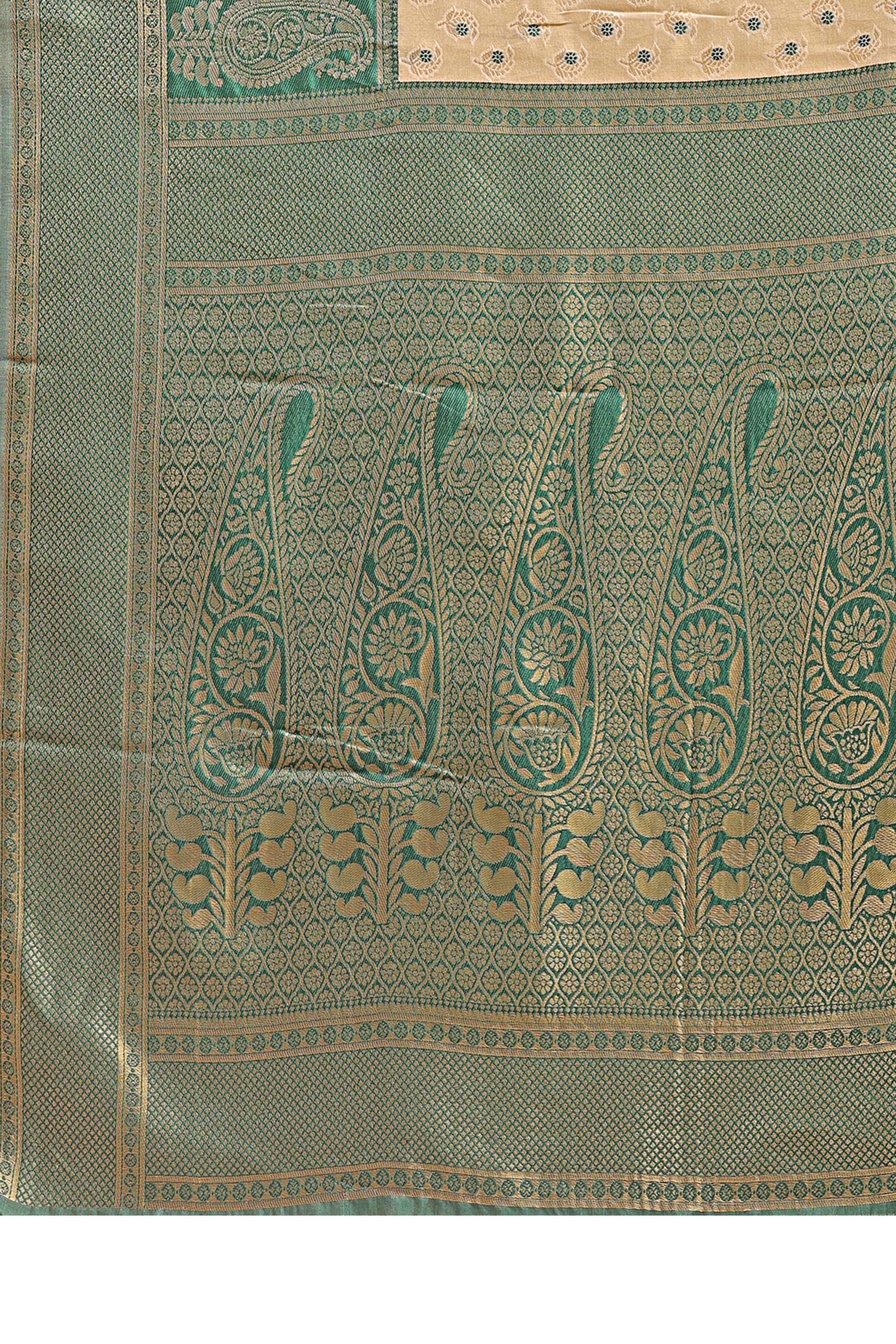 Cream Banarasi Silk Saree Featuring Lustrous Green Floral Zari Weaving and a Rich Contrast Border