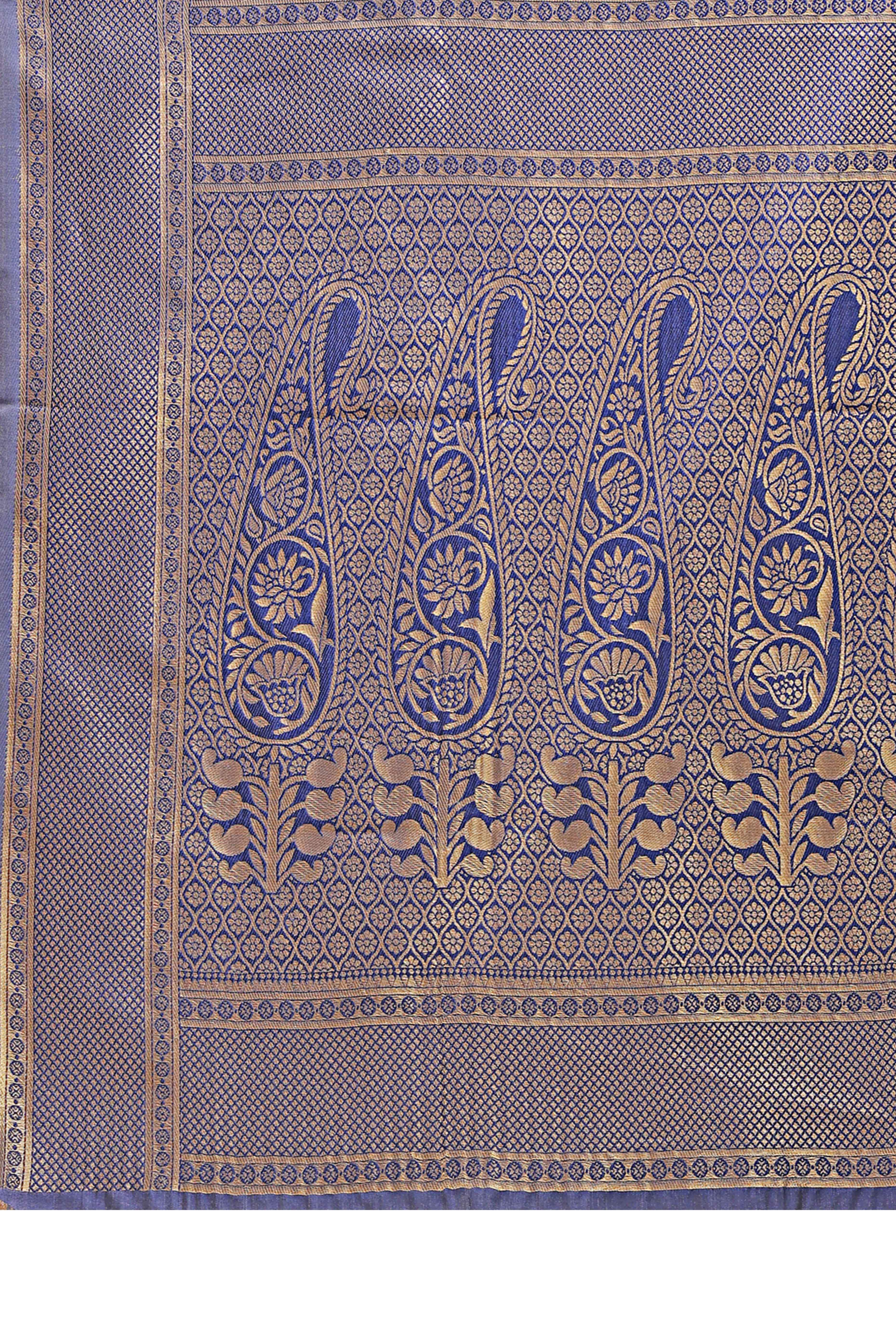 Cream Banarasi Silk Saree Featuring Lustrous Navy Blue Floral Zari Weaving and a Rich Contrast Border