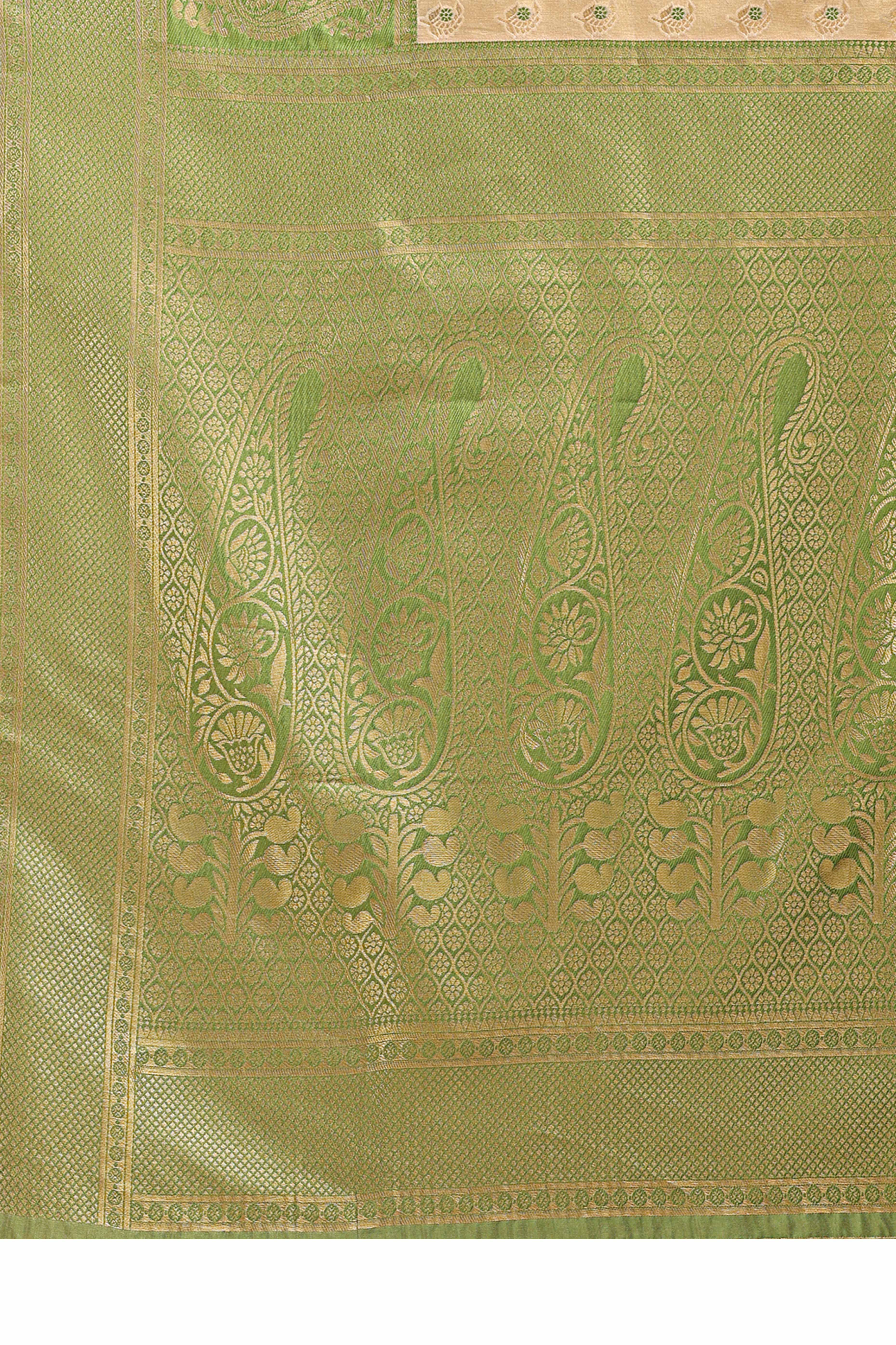 Cream Banarasi Silk Saree Featuring Lustrous Light Green Floral Zari Weaving and a Rich Contrast Border