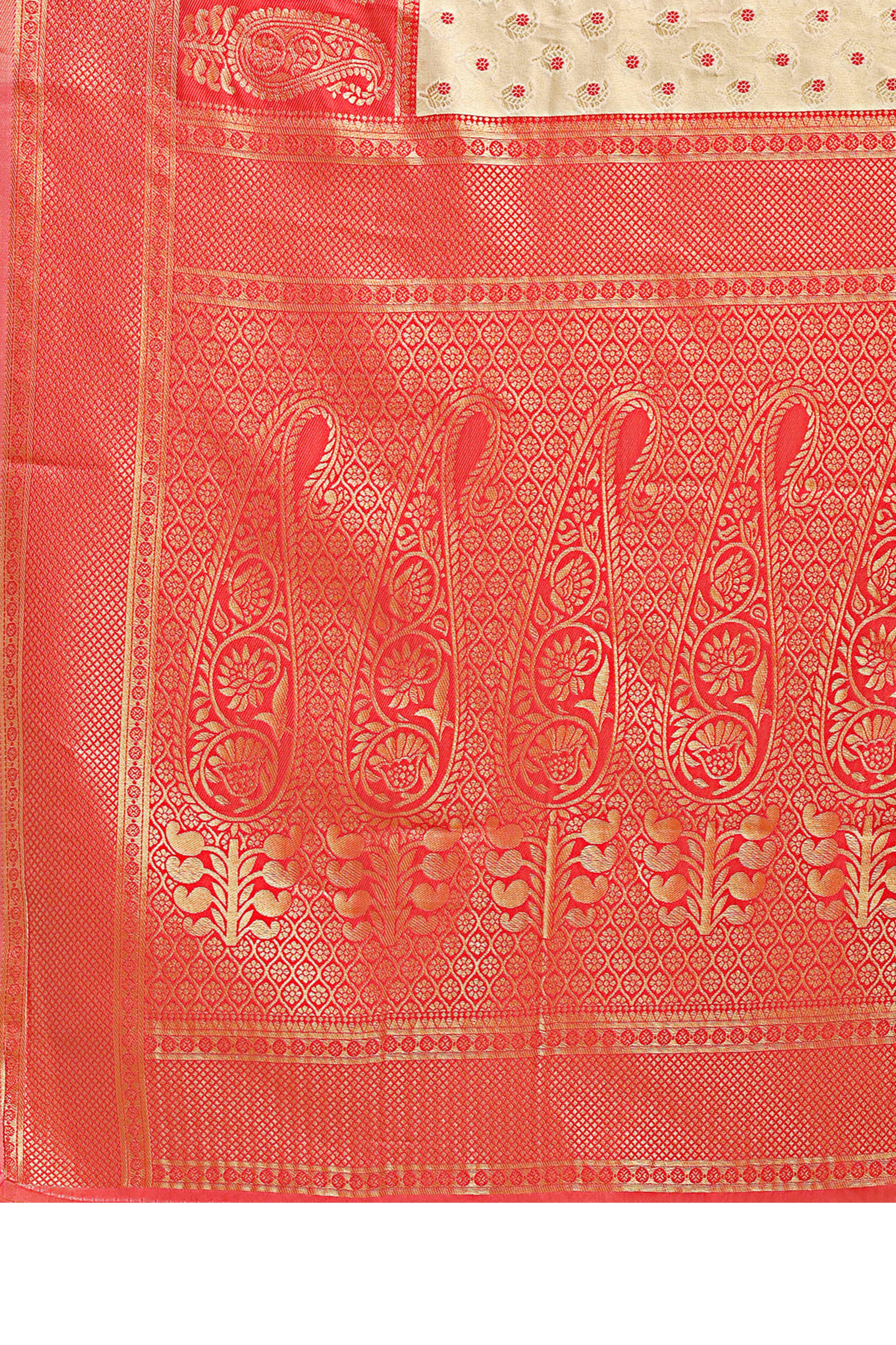 Cream Banarasi Silk Saree Featuring Lustrous Red Floral Zari Weaving and a Rich Contrast Border