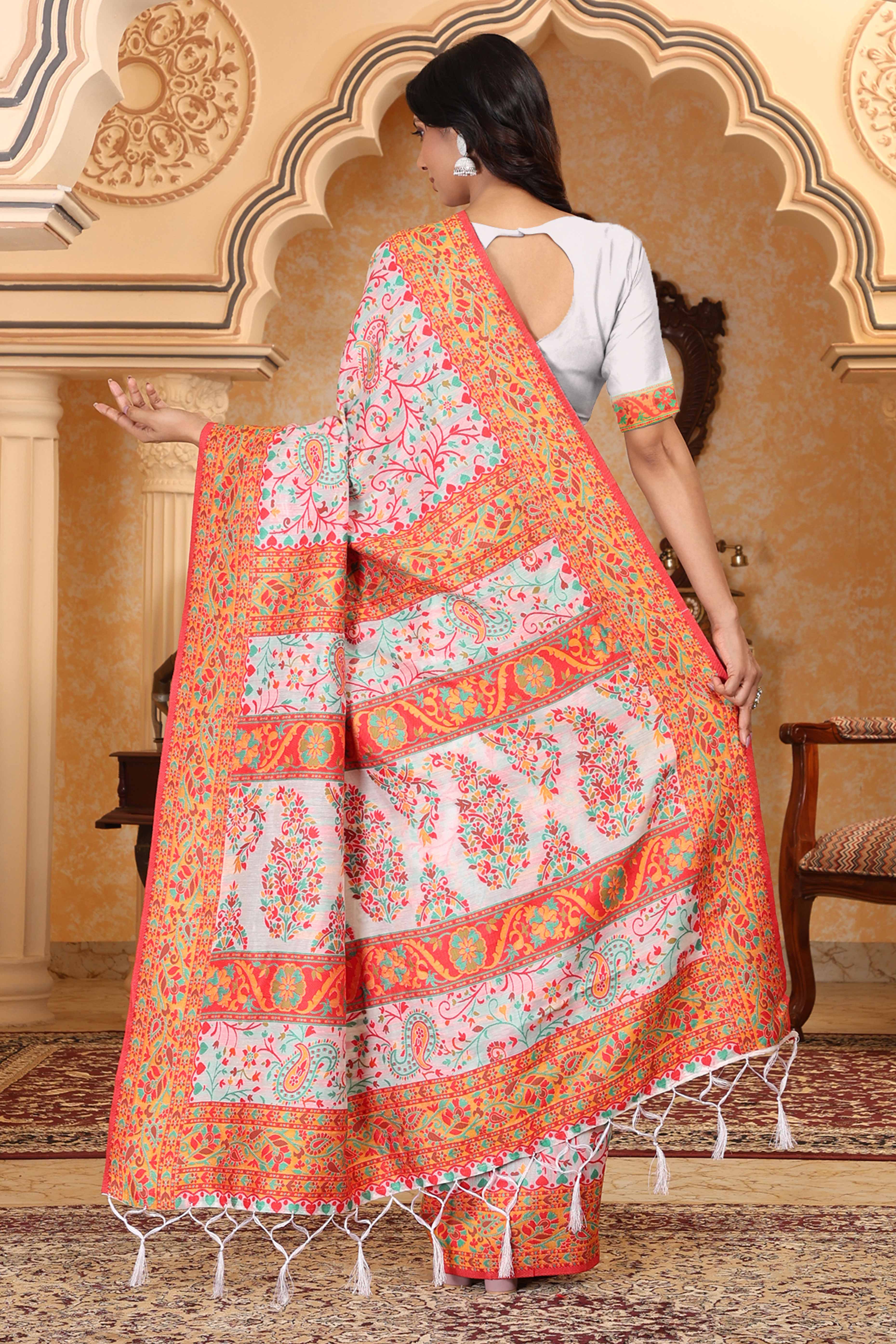 White With Multicolor Linen Cotton Silk Saree Enhanced Floral Zari Weaving & Tasselled Pallu