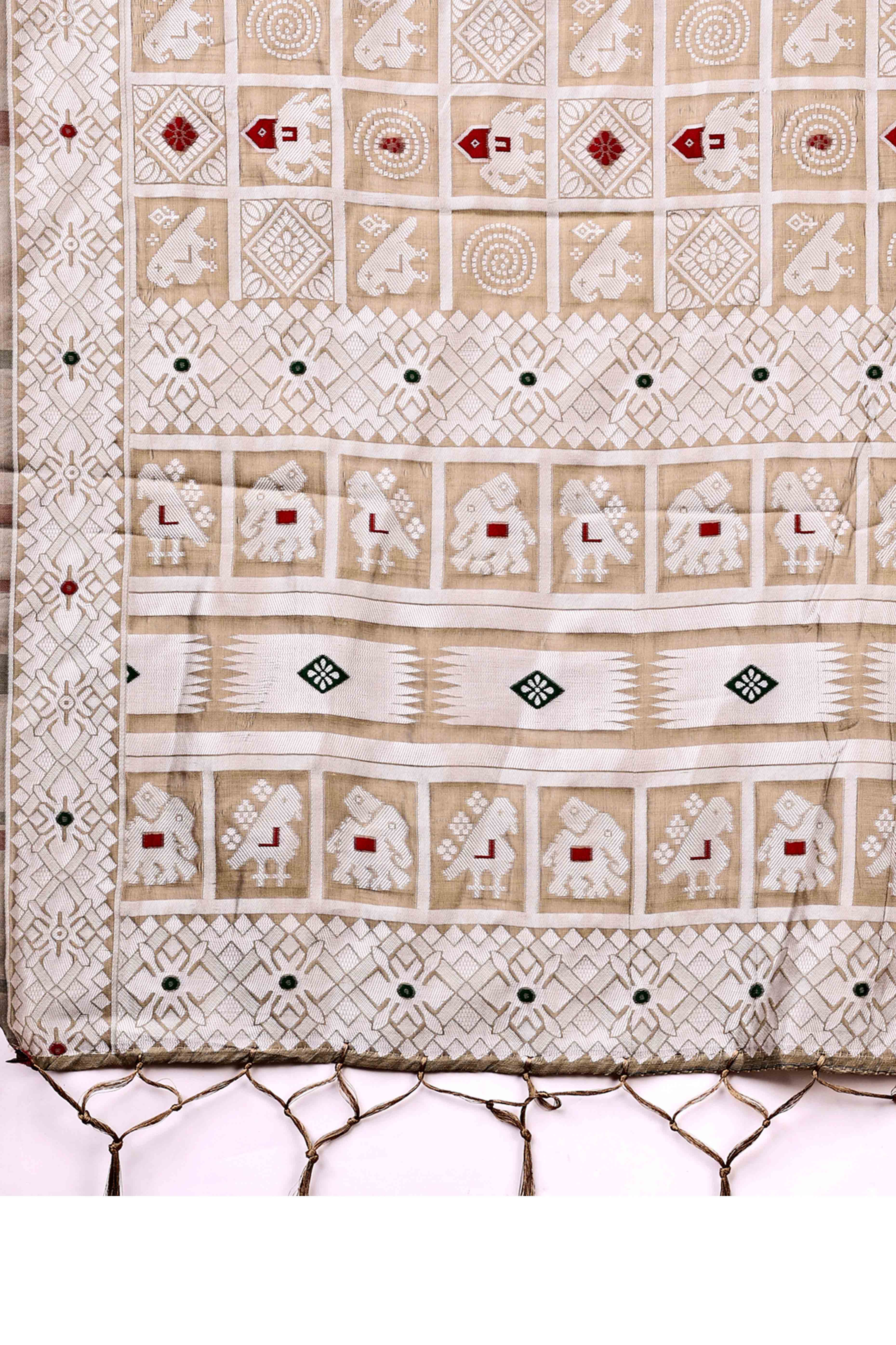 Brown Linen Cotton Saree Adorned With Zari Weaving & Tassel pallu