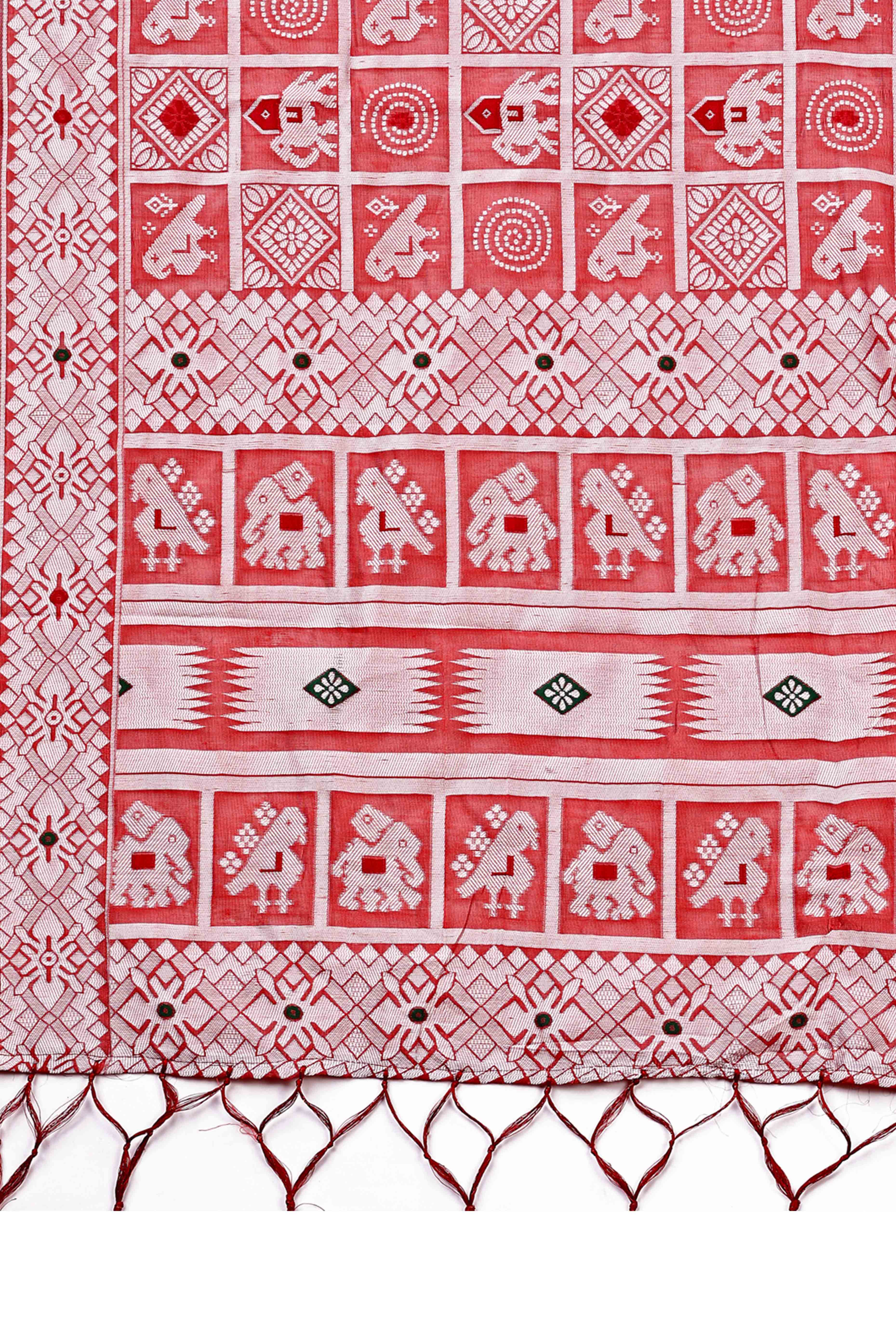 Peach Linen Cotton Saree Adorned With Zari Weaving & Tassel pallu