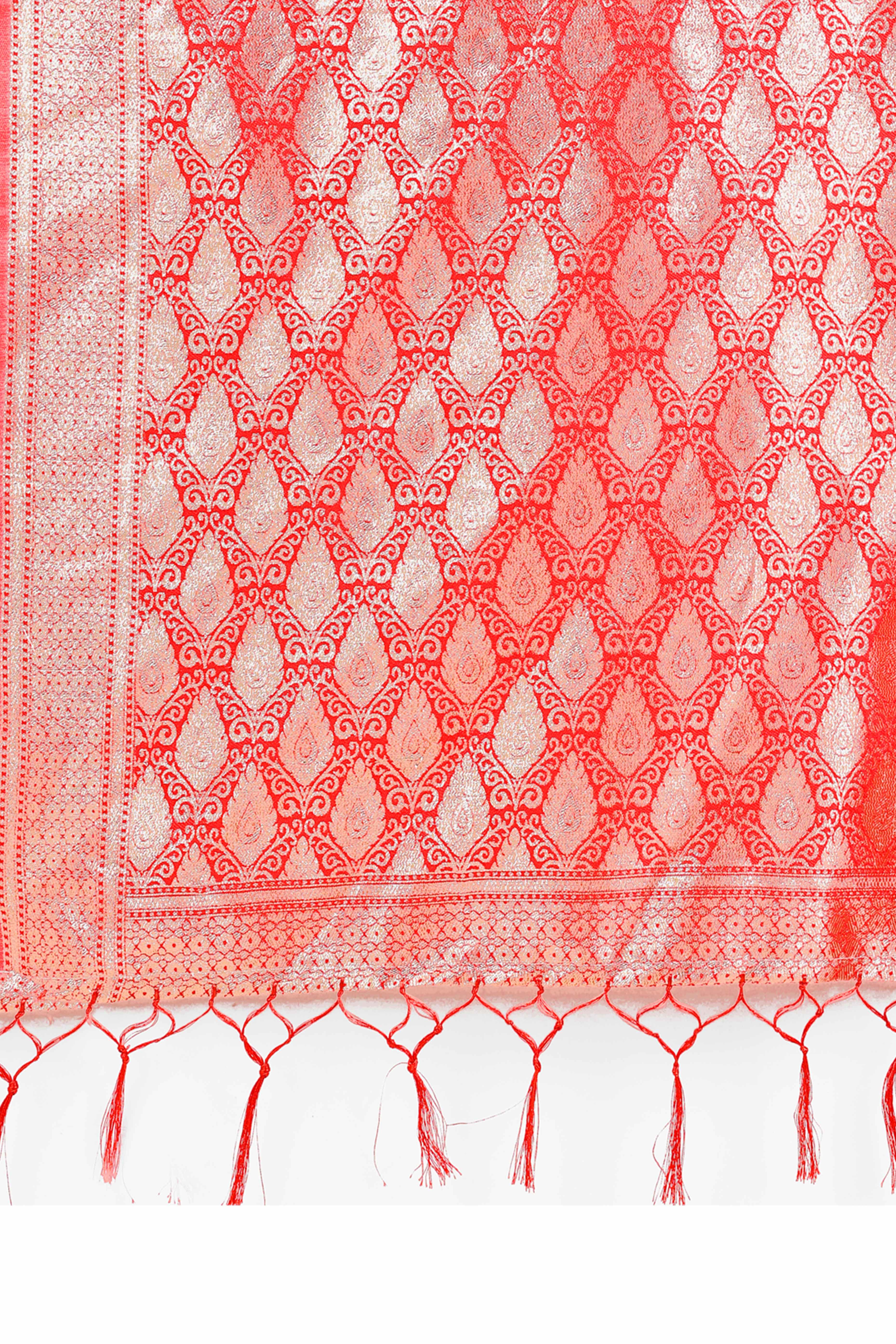 White Banarasi Silk Saree With Intricate Floral Weave & Elegant Tassel Accents