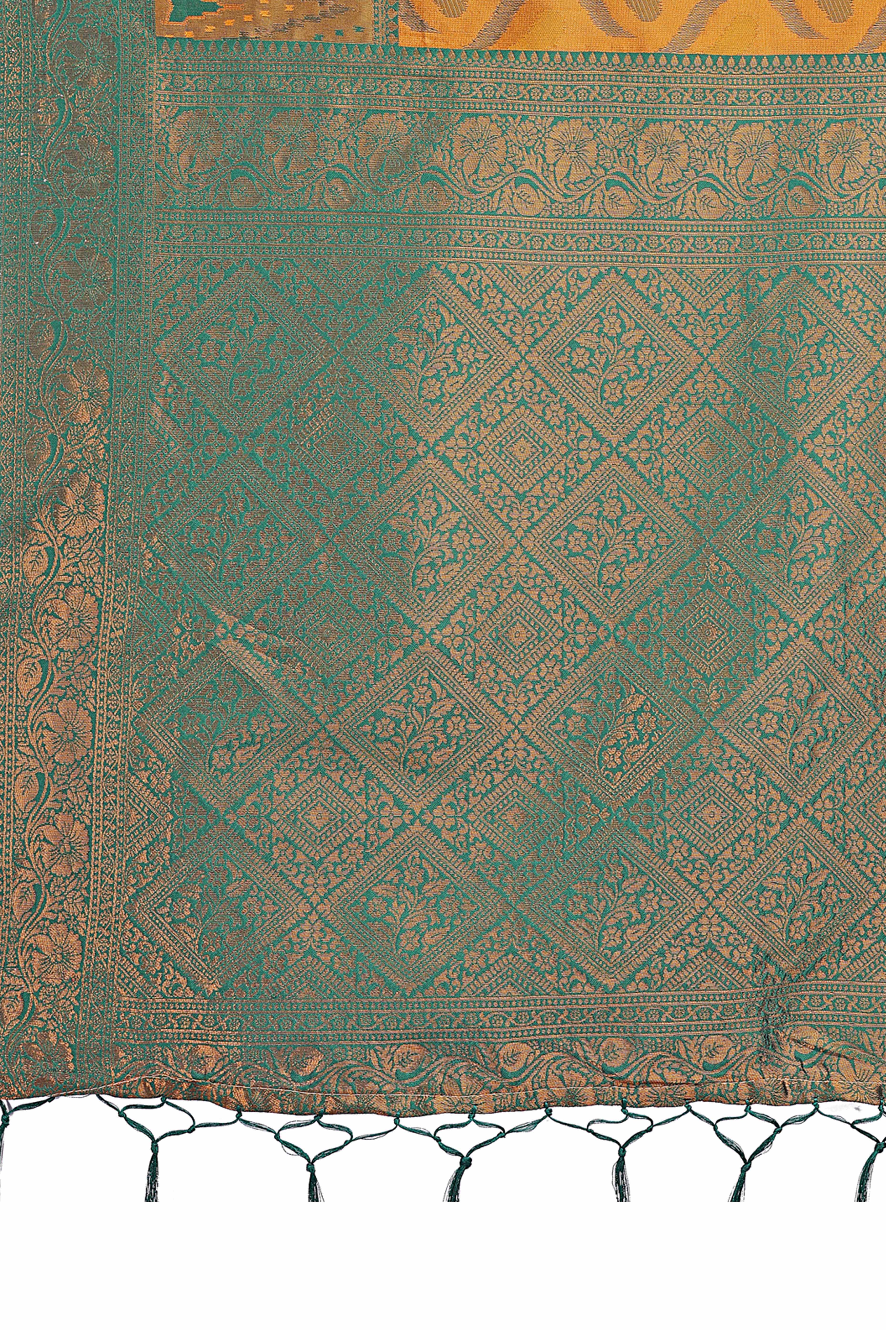 Mustard Heart Motif Zari Woven Lichi Cotton Silk Saree With Flowing Tassels