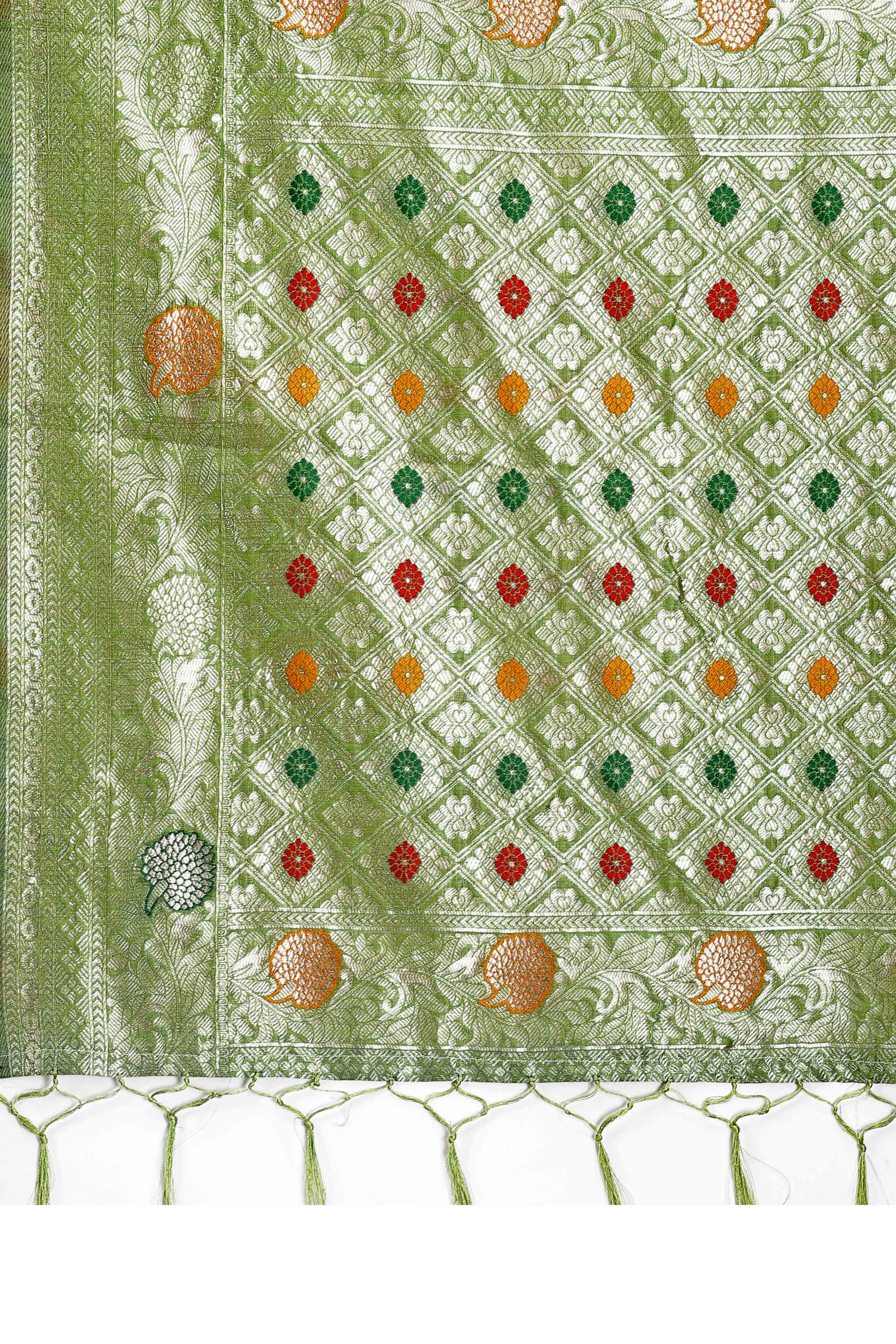 Light Green Lichi Cotton Blend Saree With Zari Floral Weaving & Tassel Detailing