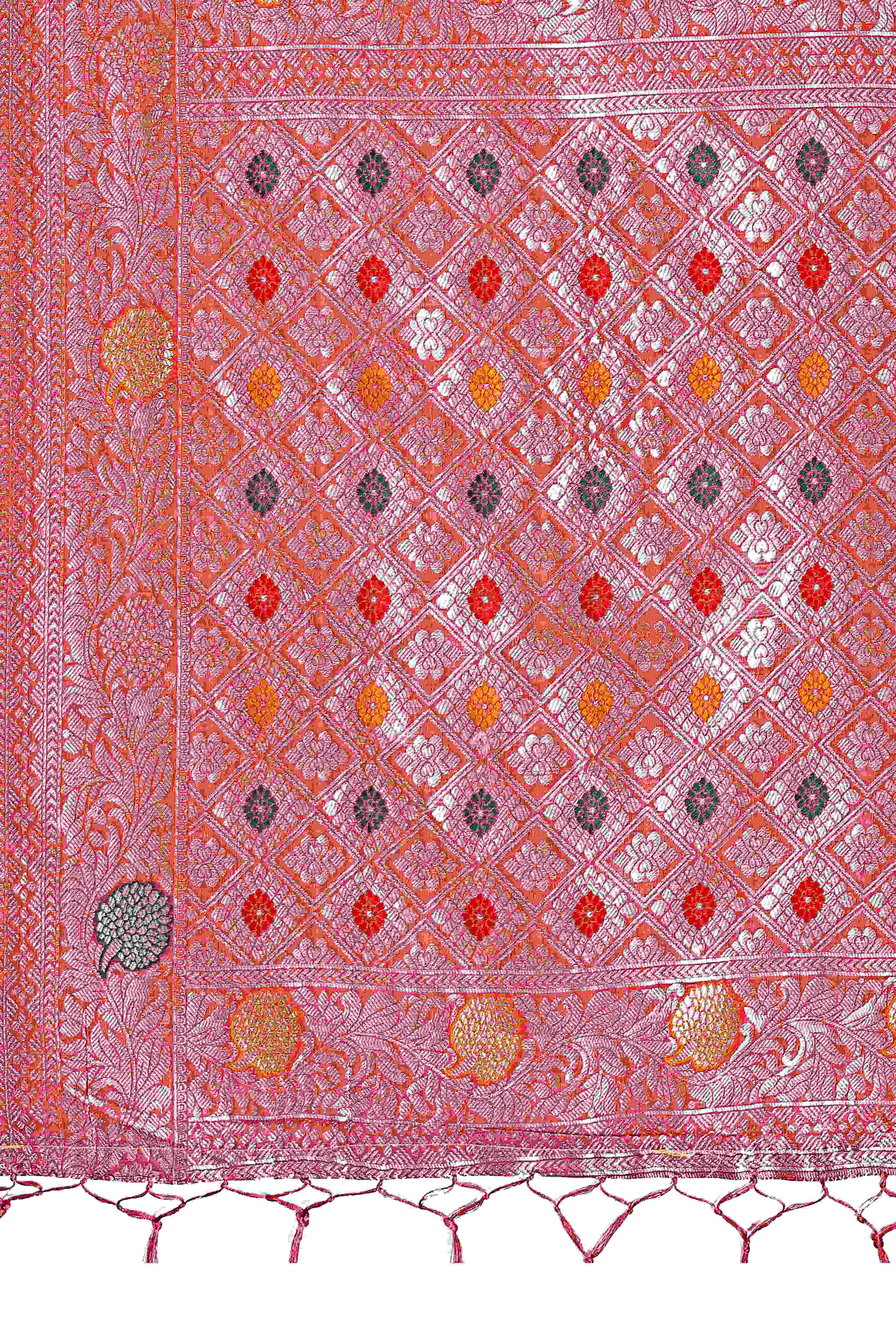 Dark Coral Pink Lichi Cotton Blend Saree With Zari Floral Weaving & Tassel Detailing