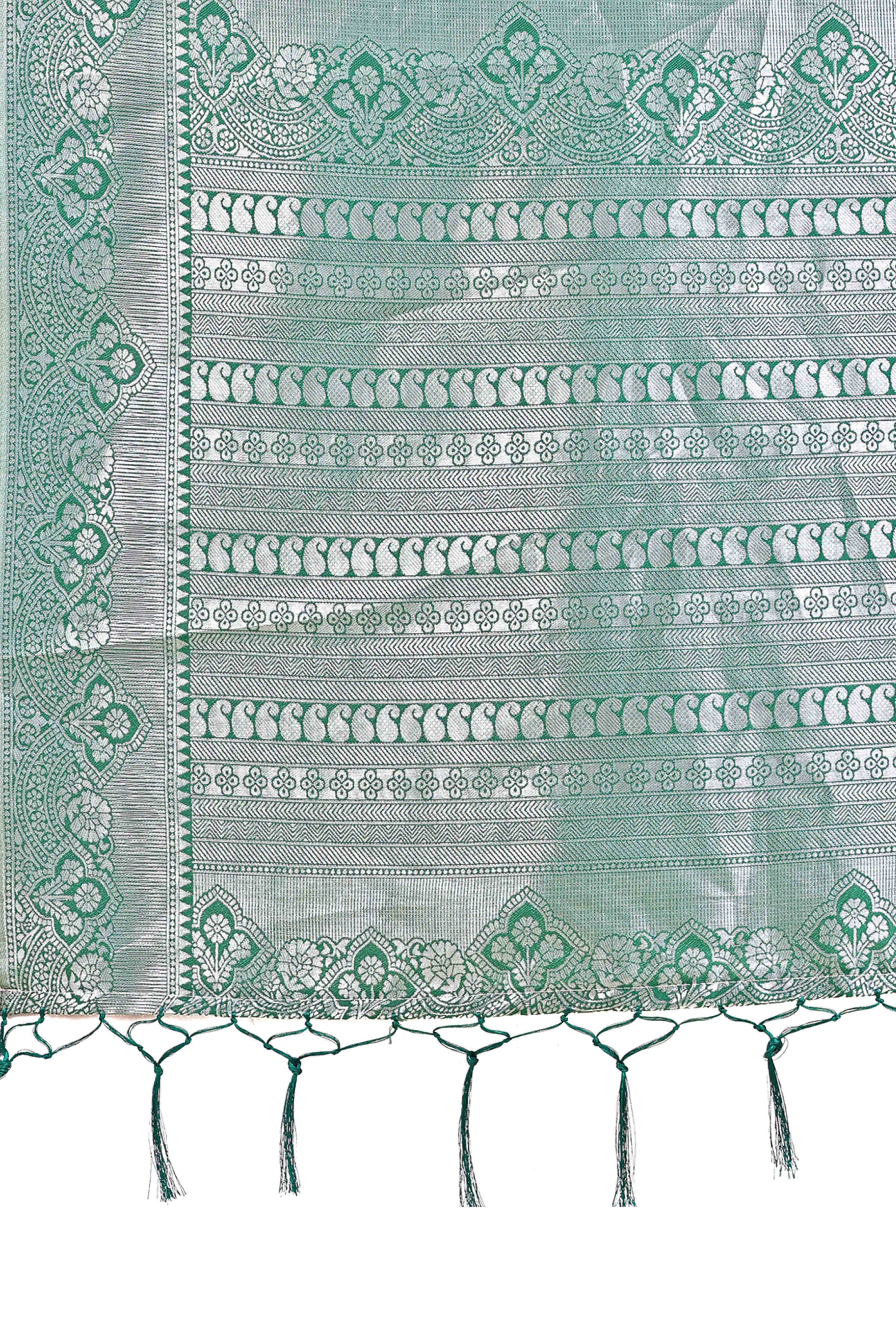 Green Lichi Silk Blend Saree With Intricate Paisley Zari Weave & Graceful Tassels